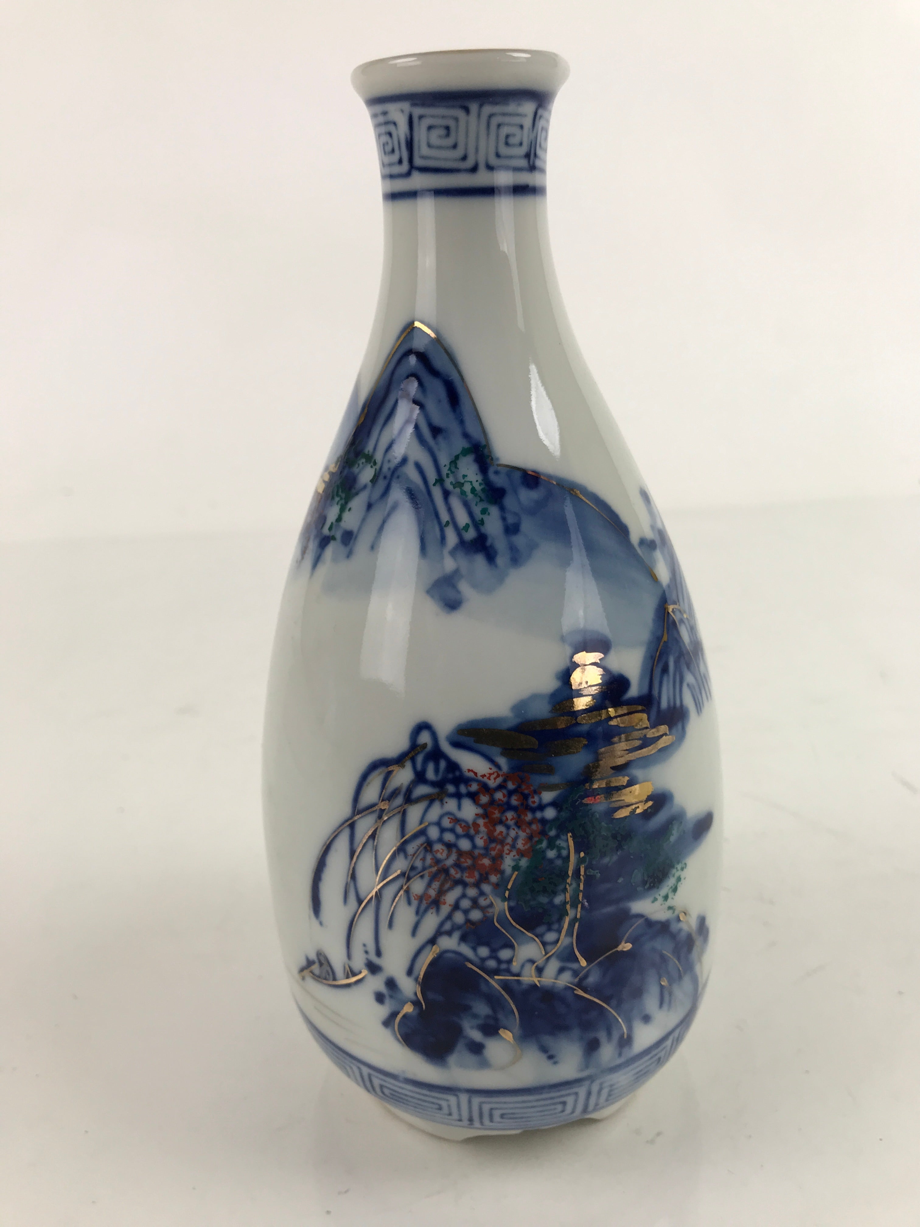 Japanese Sometsuke Porcelain Sake Bottle Tokkuri White Blue Gold Mountain TS737