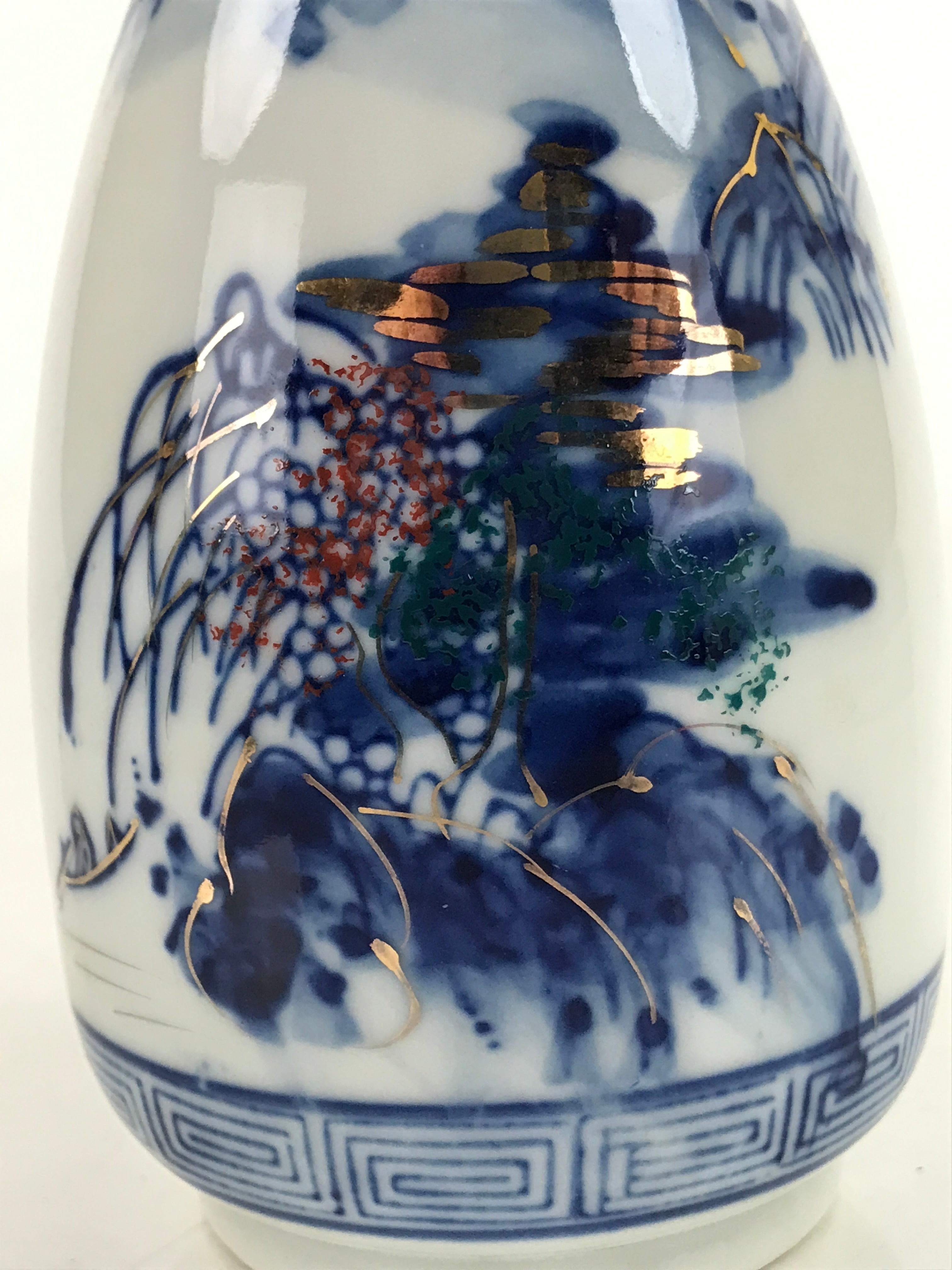 Japanese Sometsuke Porcelain Sake Bottle Tokkuri White Blue Gold Mountain TS737