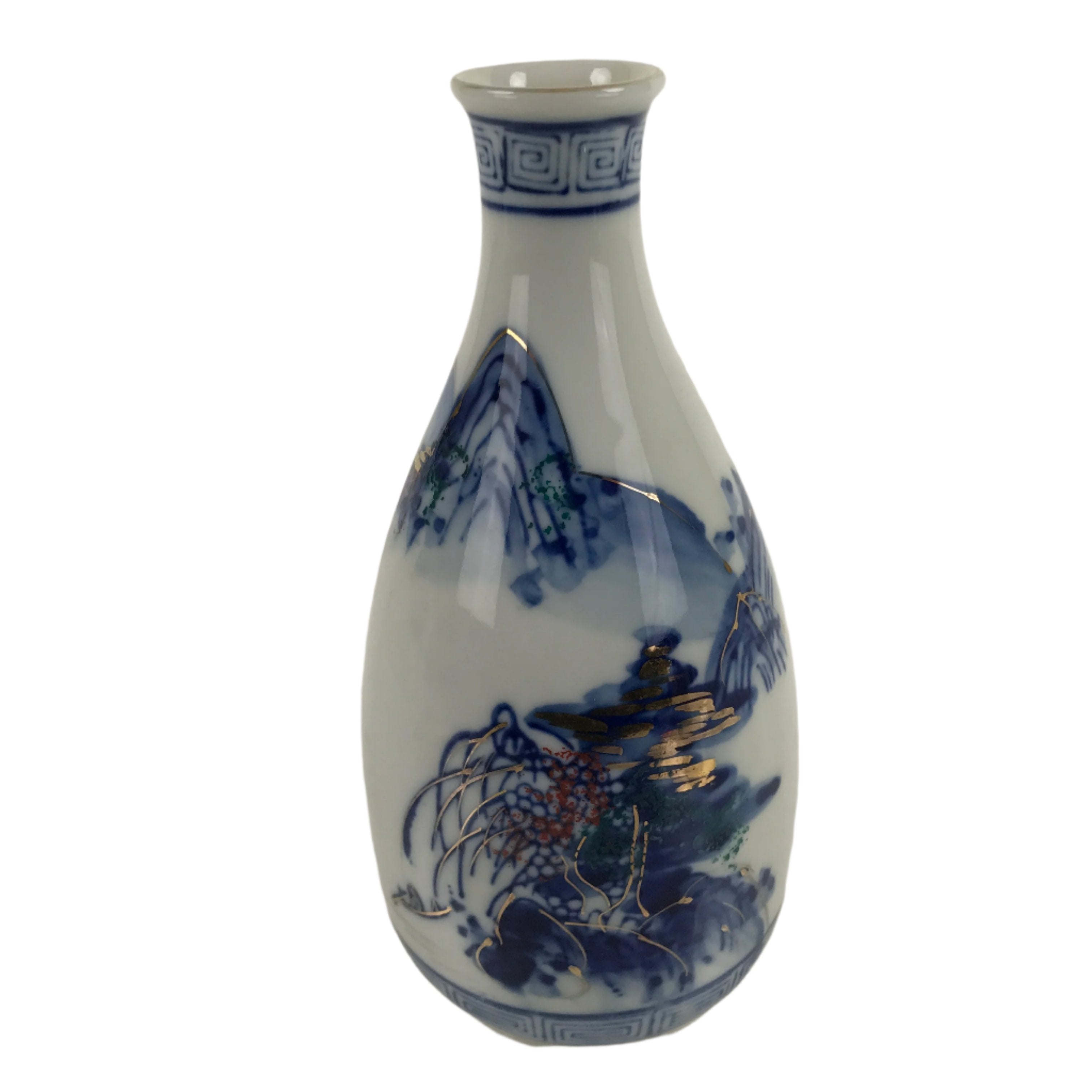 Japanese Sometsuke Porcelain Sake Bottle Tokkuri White Blue Gold Mountain TS737