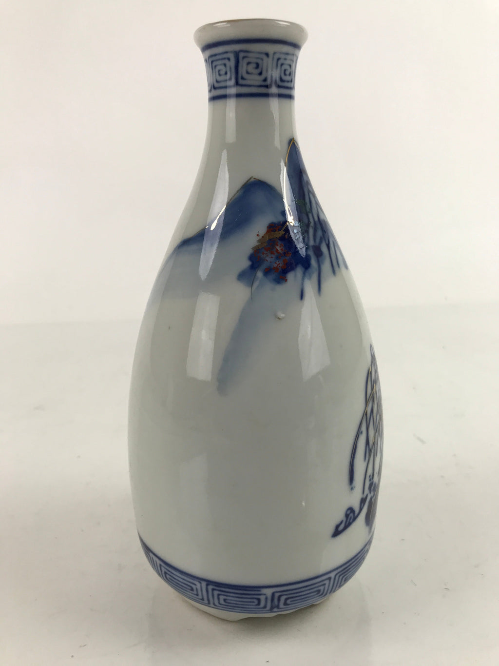 Japanese Sometsuke Porcelain Sake Bottle Tokkuri White Blue Gold Mountain TS738