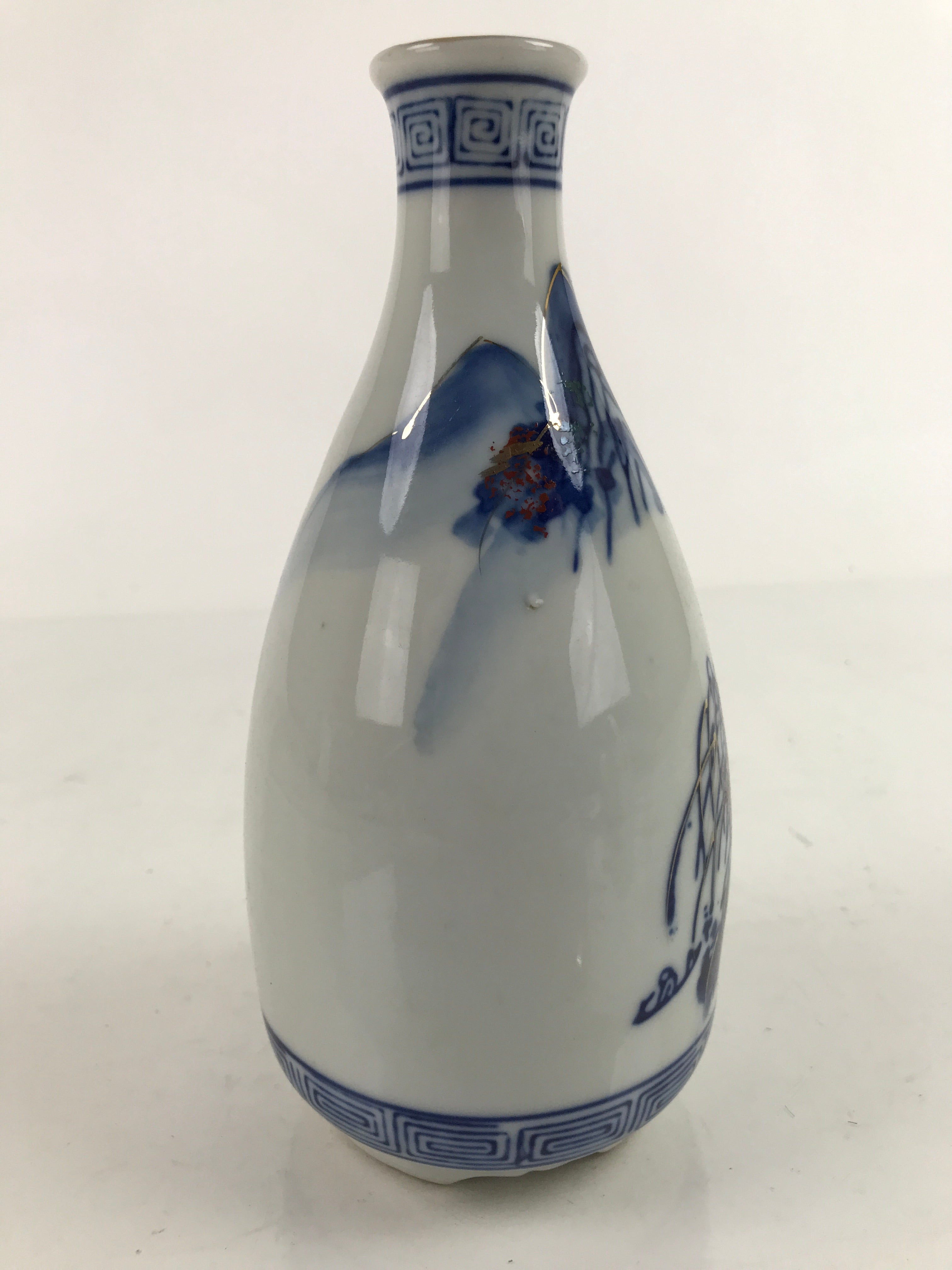 Japanese Sometsuke Porcelain Sake Bottle Tokkuri White Blue Gold Mountain TS738