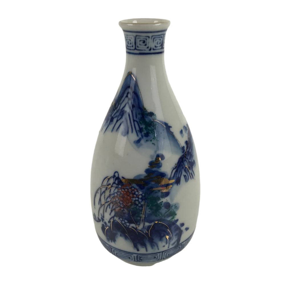 Japanese Sometsuke Porcelain Sake Bottle Tokkuri White Blue Gold Mountain TS738