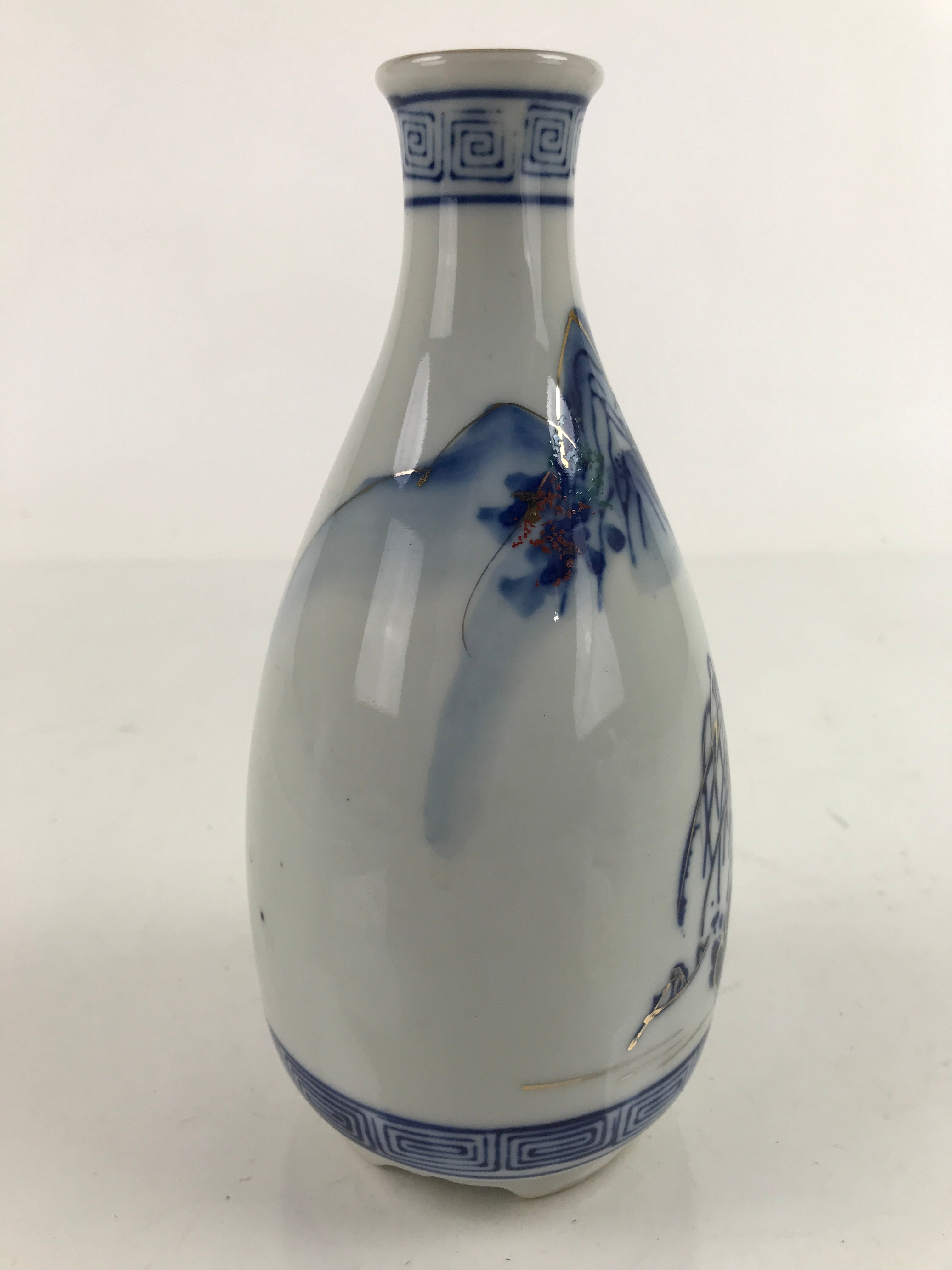 Japanese Sometsuke Porcelain Sake Bottle Tokkuri White Blue Gold Mountain TS739