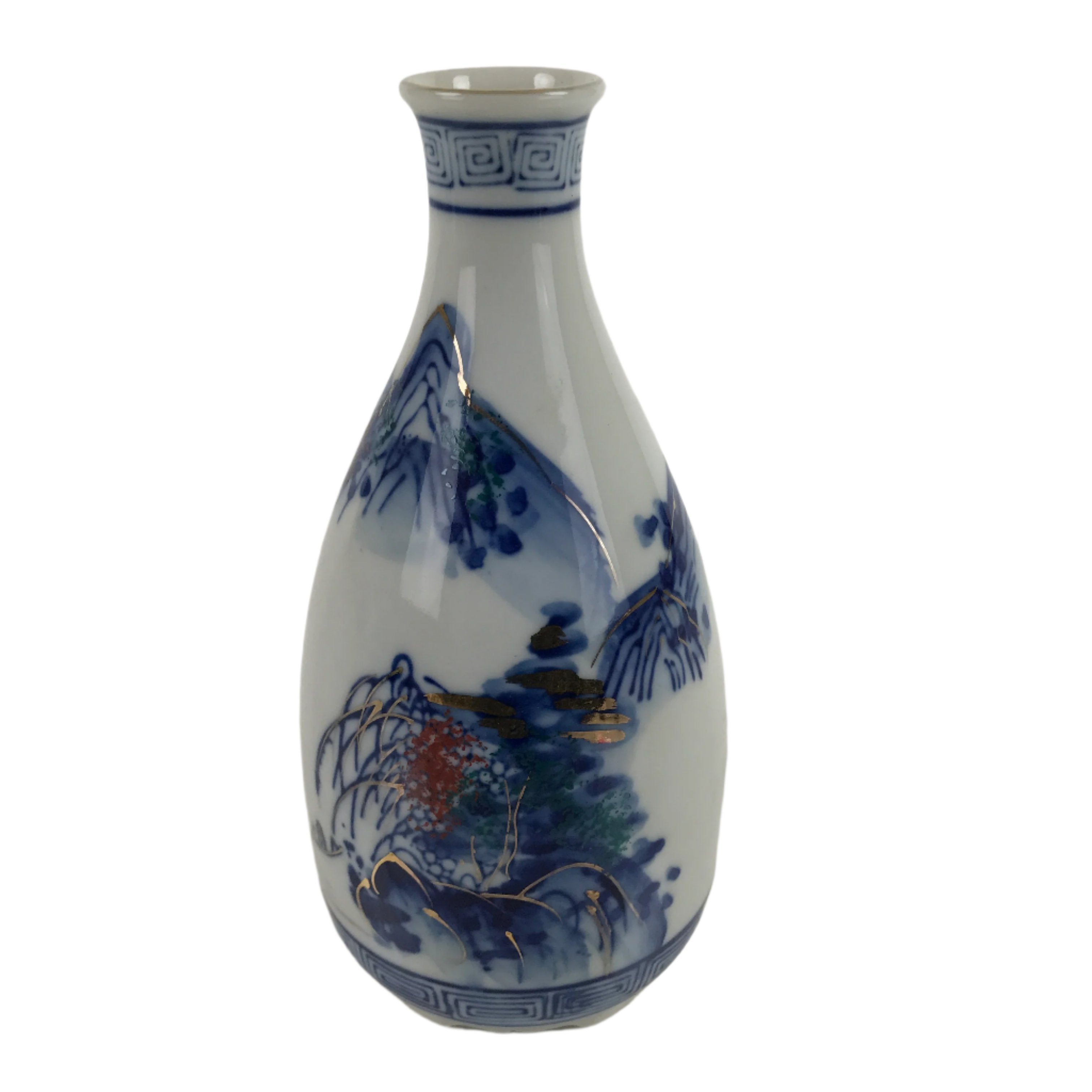 Japanese Sometsuke Porcelain Sake Bottle Tokkuri White Blue Gold Mountain TS739