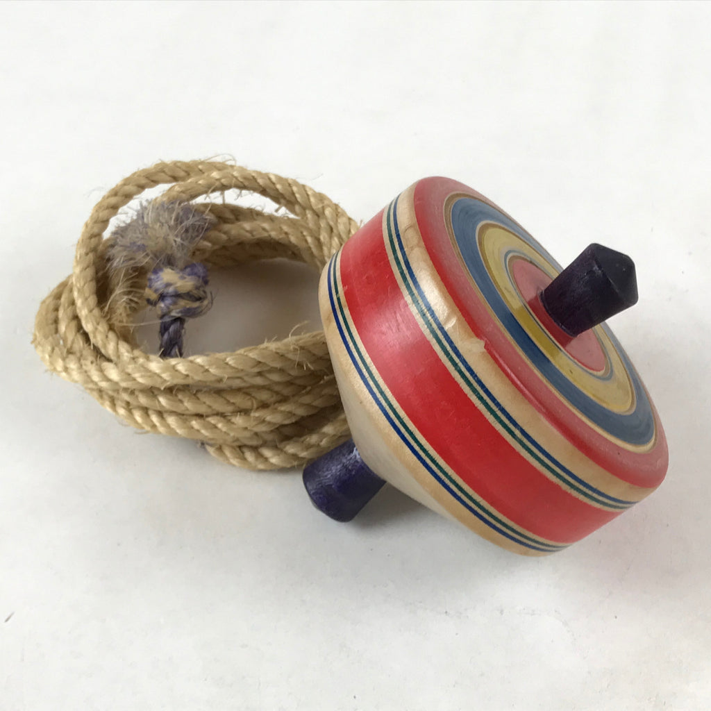 Japanese Spinning Top W/ String Vtg Wooden Koma Toy Red Blue Green Yellow JK659