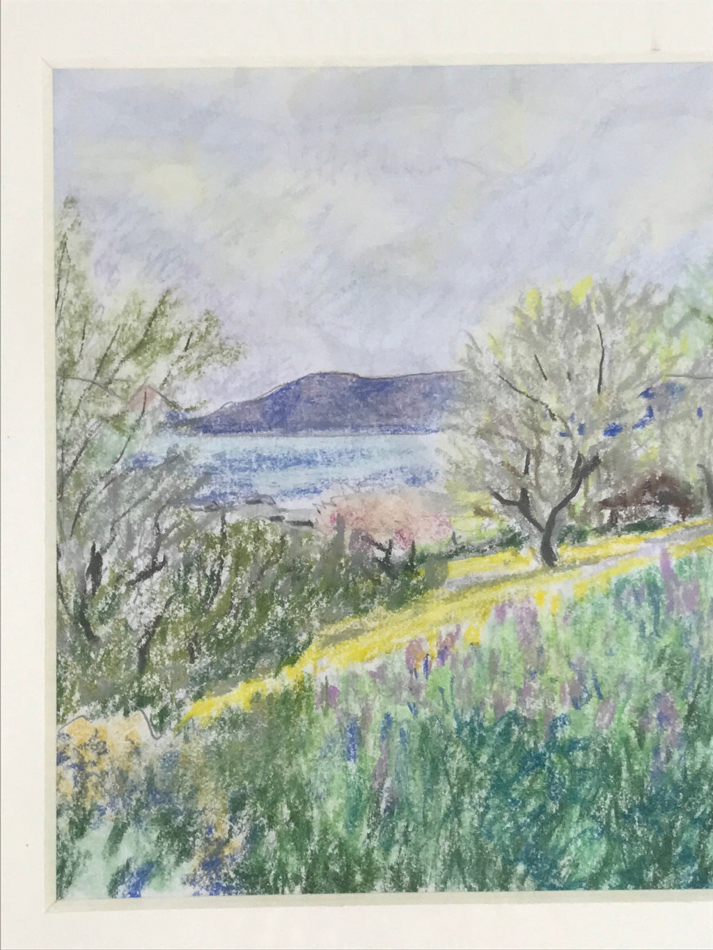 Japanese Spring Field Landscape Pastel Drawing Original Art Unsigned FL332