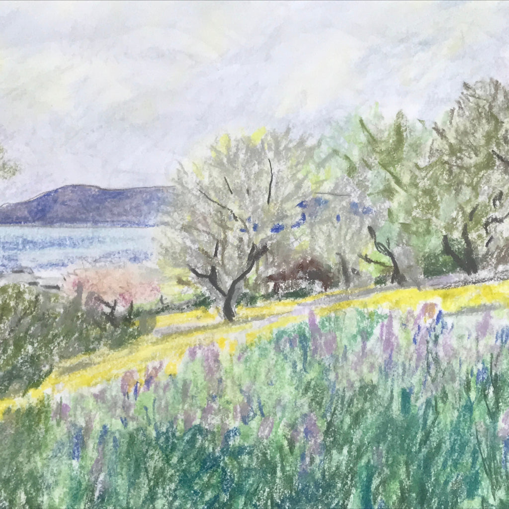 Japanese Spring Field Landscape Pastel Drawing Original Art Unsigned FL332