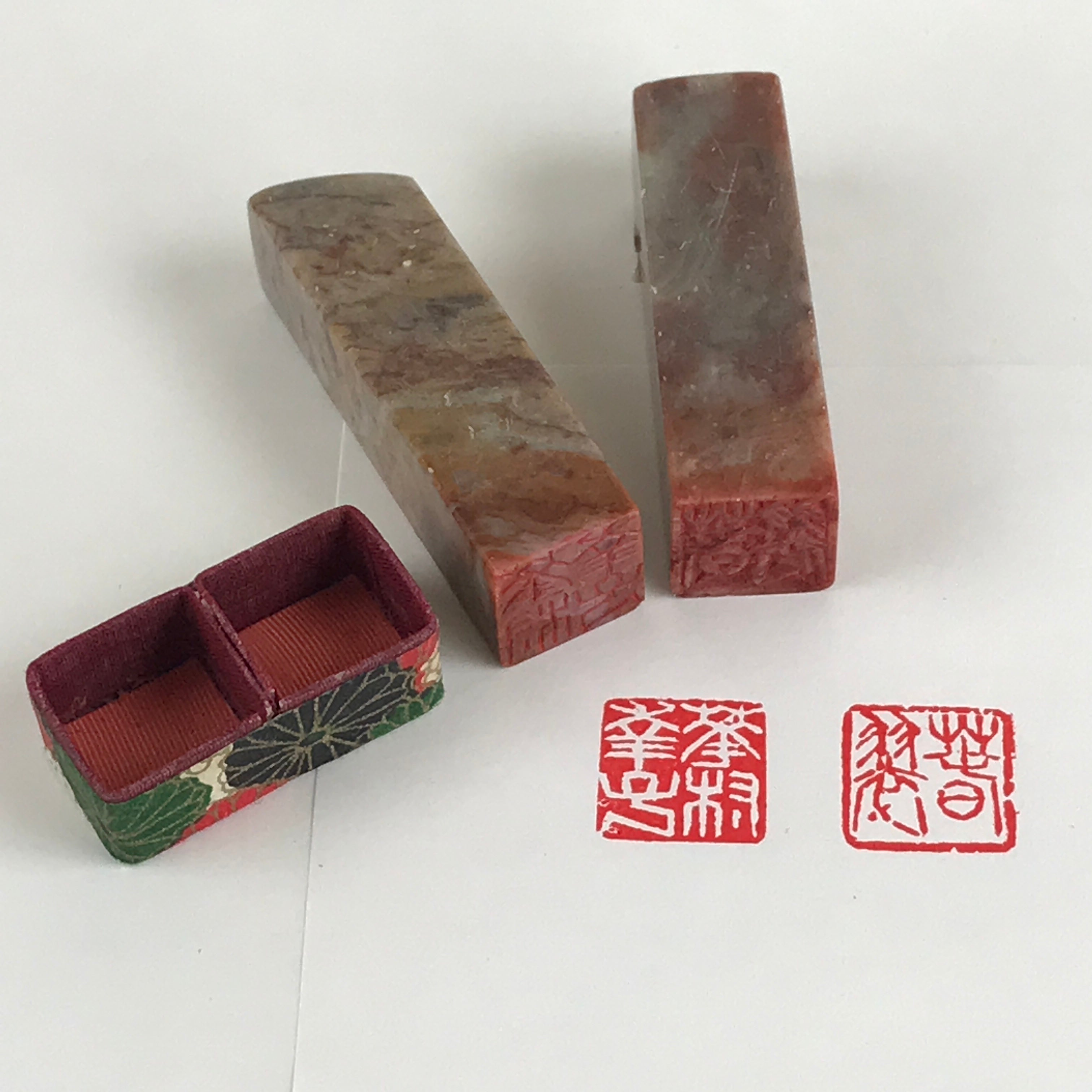 Japanese Stone Carving Seal Tenkokuin Hanko Inkan 2pc Set Vtg Stamp Signature HS