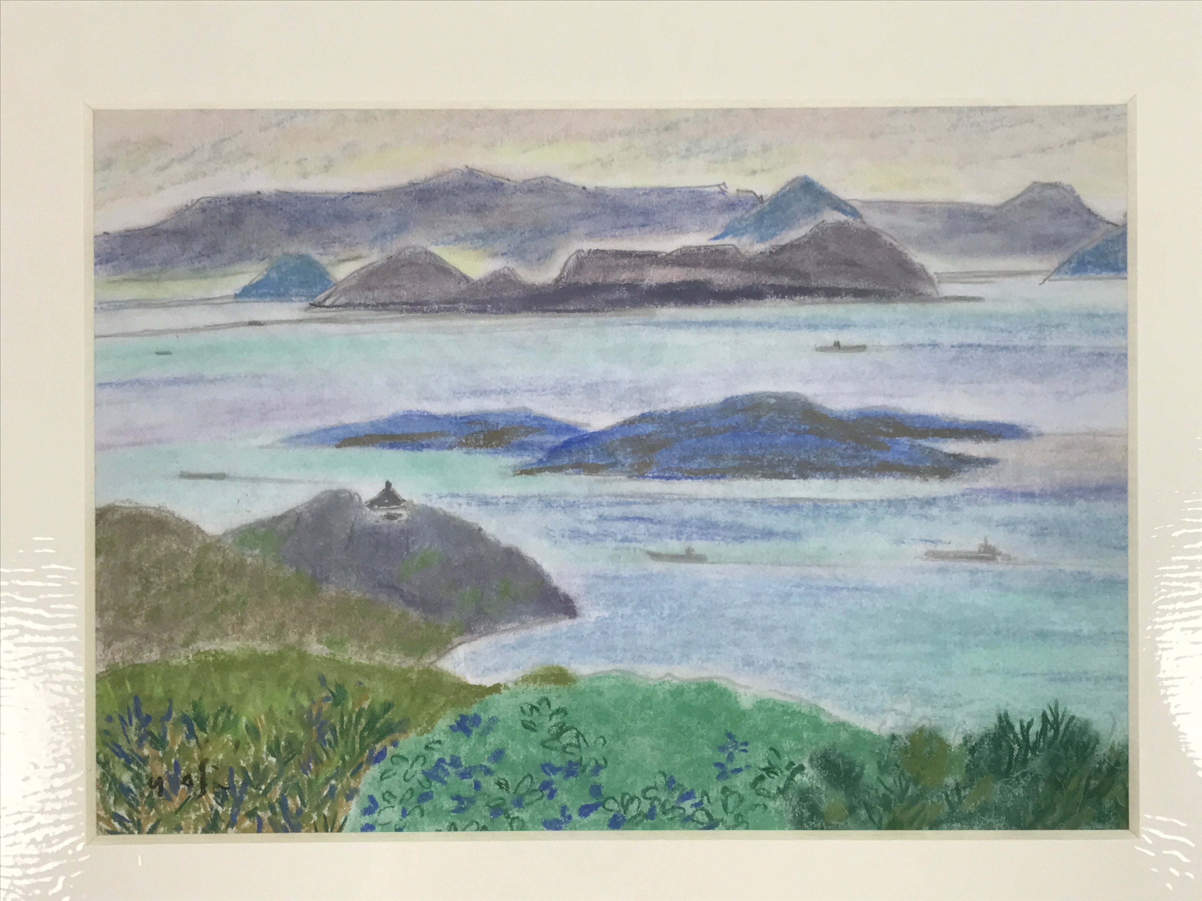 Japanese Sunset Island Seascape Pastel Drawing Art Signed Yoshihiro Hagino FL316