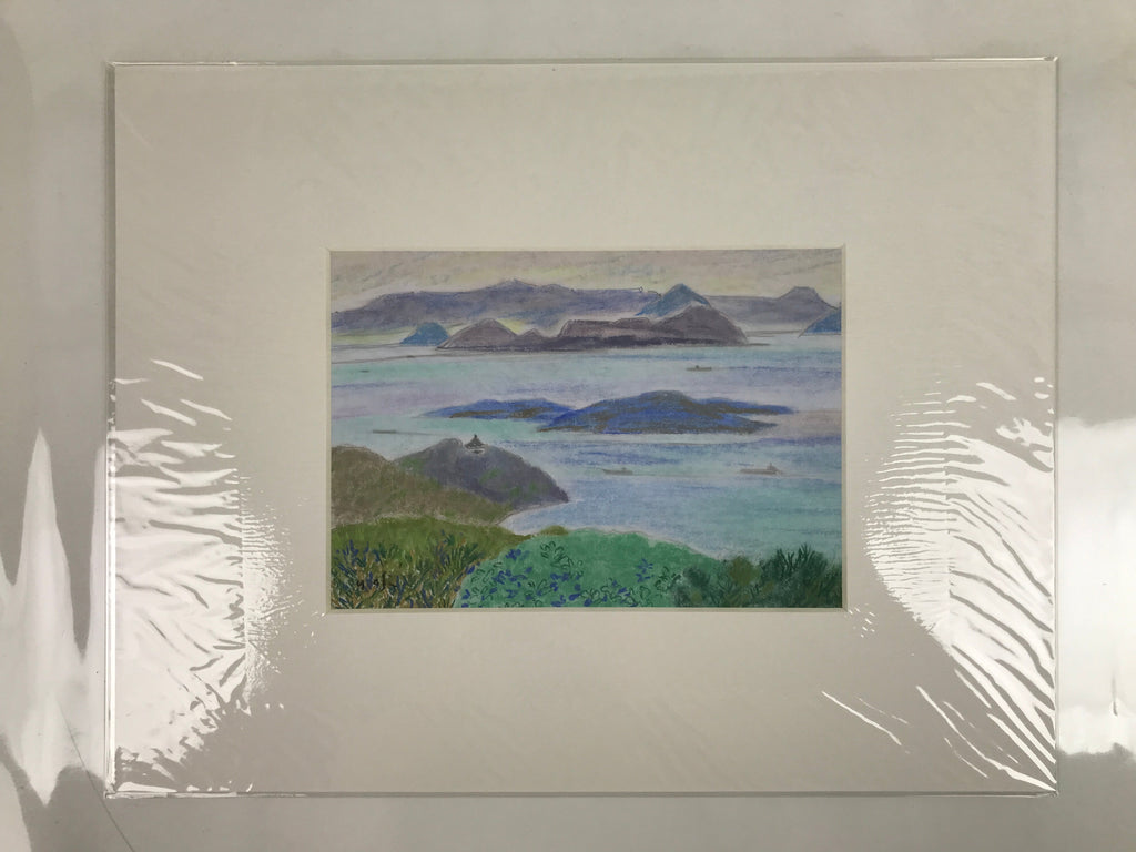 Japanese Sunset Island Seascape Pastel Drawing Art Signed Yoshihiro Hagino FL316