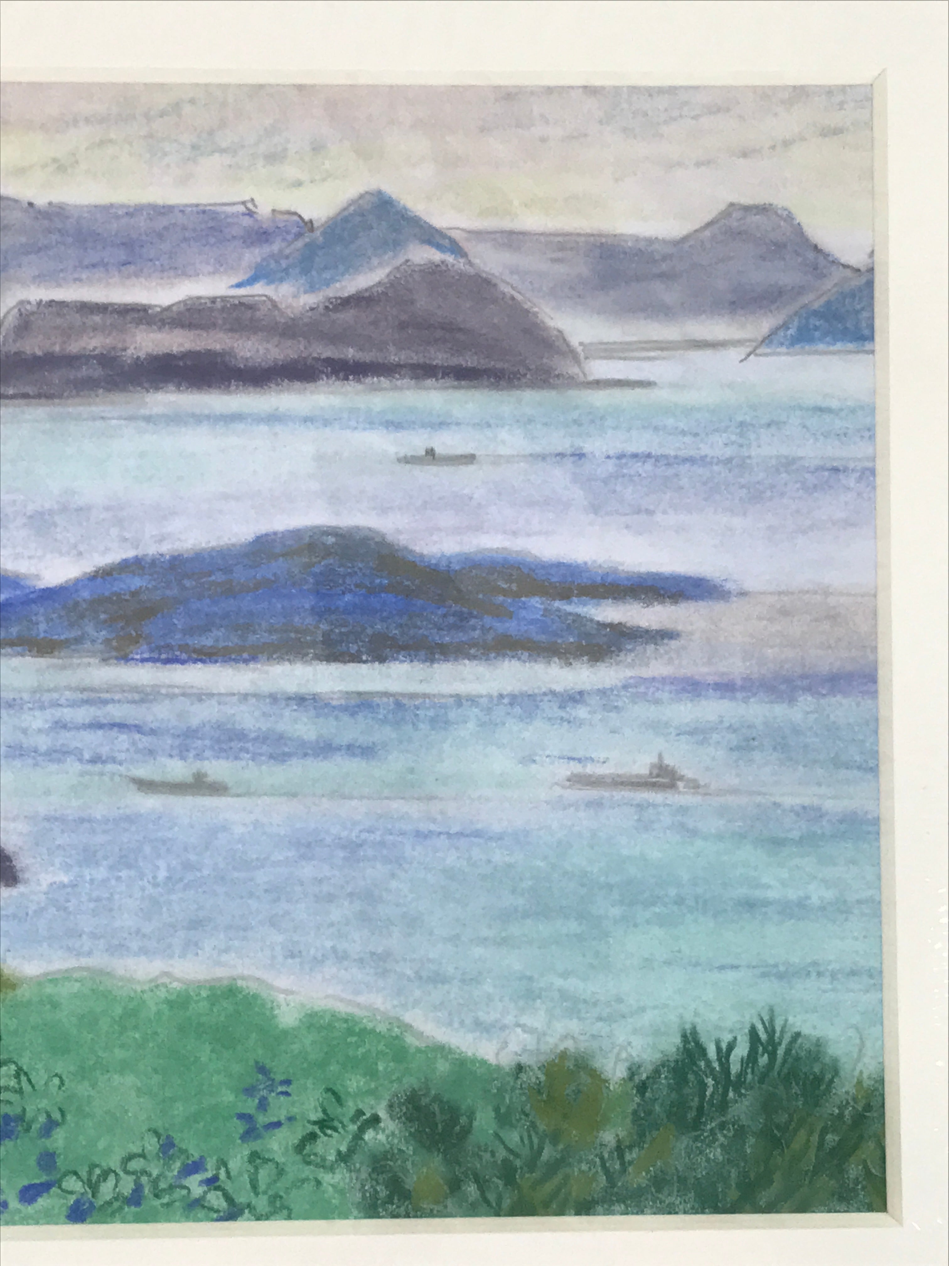 Japanese Sunset Island Seascape Pastel Drawing Art Signed Yoshihiro Hagino FL316