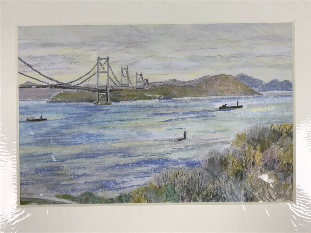 Japanese Suspension Bridge Sunset Pastel Drawing Original Art Unsigned FL329