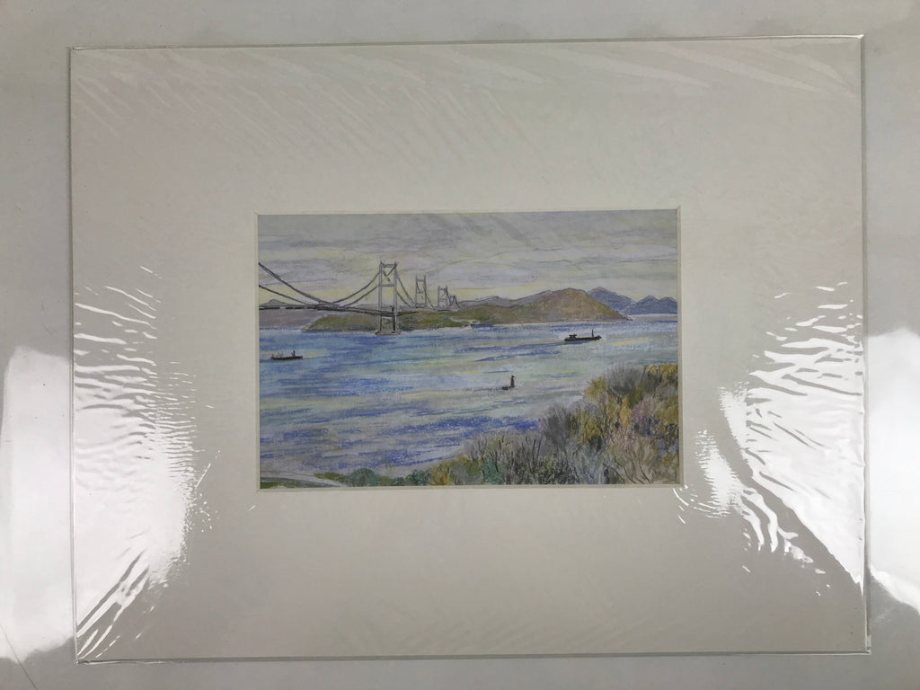 Japanese Suspension Bridge Sunset Pastel Drawing Original Art Unsigned FL329