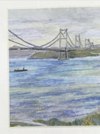 Japanese Suspension Bridge Sunset Pastel Drawing Original Art Unsigned FL329
