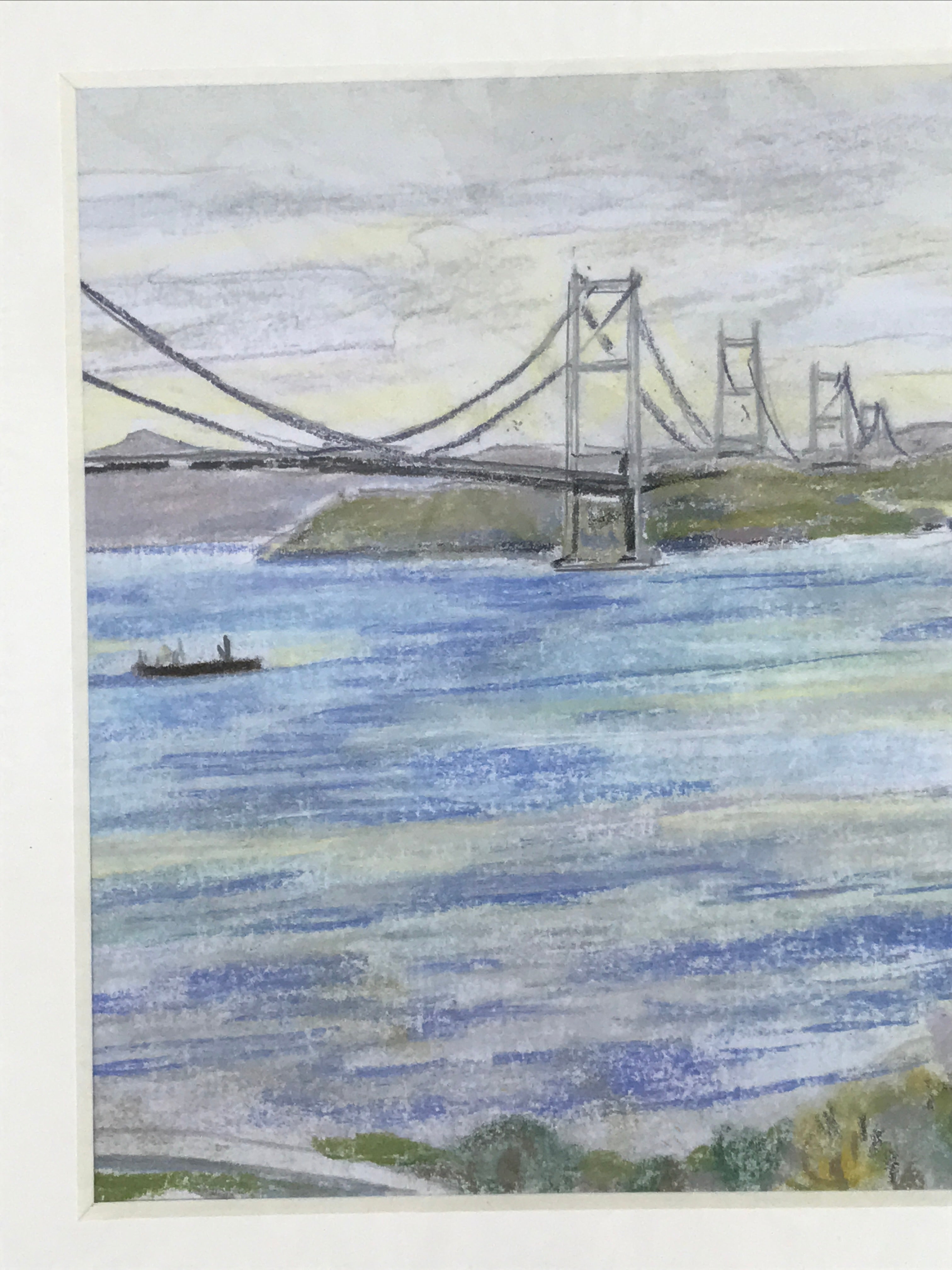 Japanese Suspension Bridge Sunset Pastel Drawing Original Art Unsigned FL329