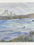 Japanese Suspension Bridge Sunset Pastel Drawing Original Art Unsigned FL329