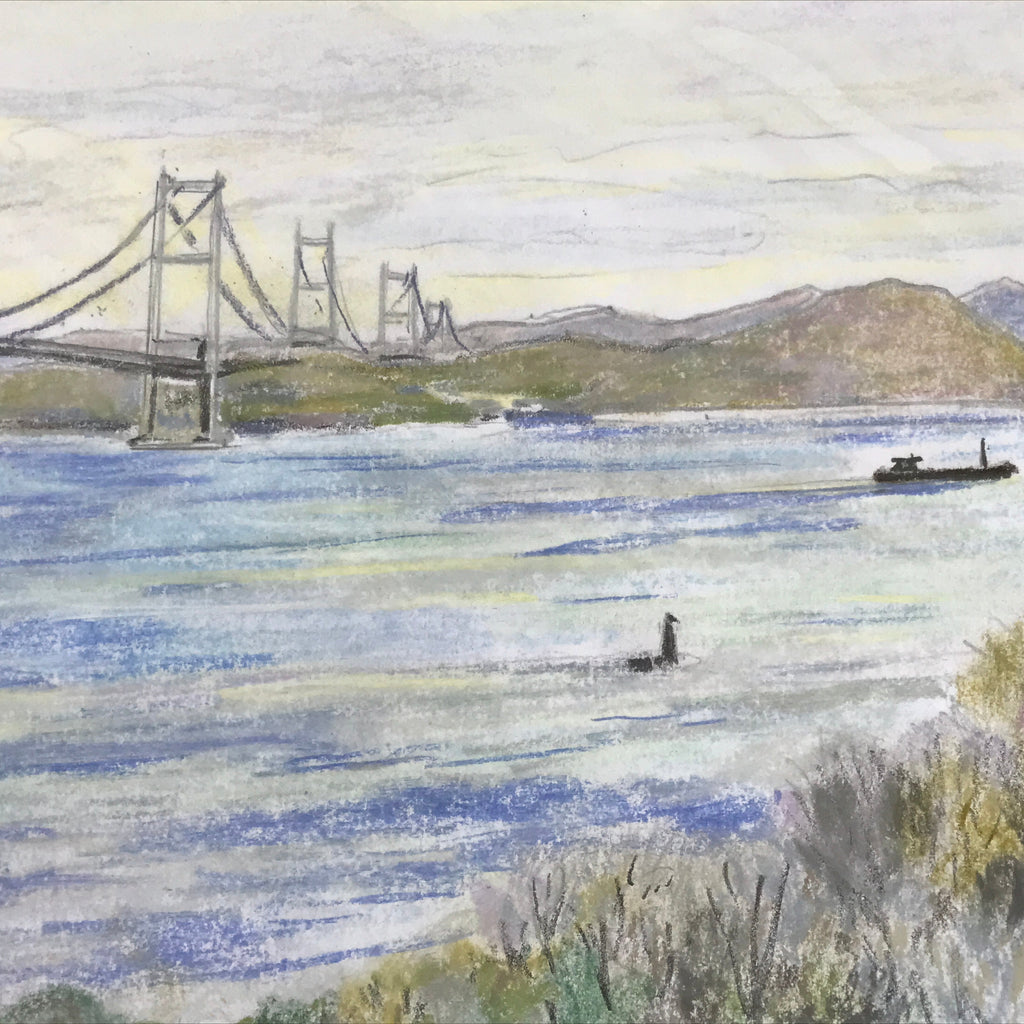 Japanese Suspension Bridge Sunset Pastel Drawing Original Art Unsigned FL329