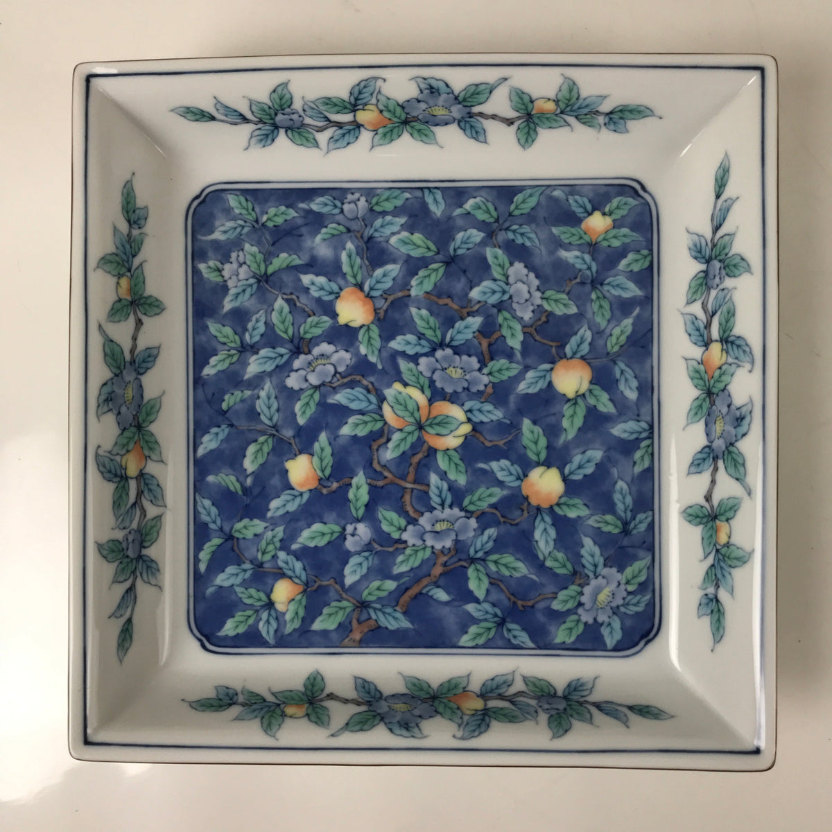 Japanese Tachikichi Ceramic Serving Dish Vtg Square Sometsuke Flower Fruit Y249