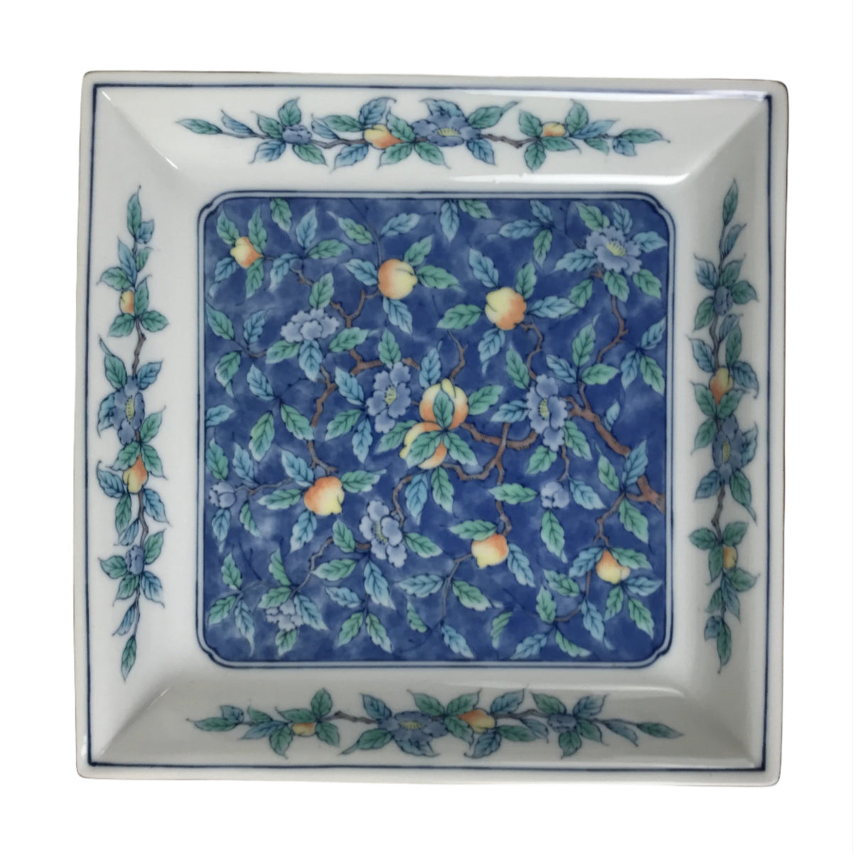 Japanese Tachikichi Ceramic Serving Dish Vtg Square Sometsuke Flower Fruit Y249