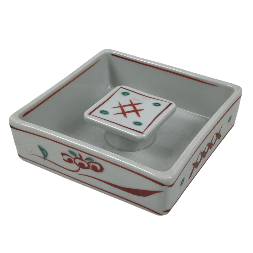 Japanese Tachikichi Porcelain Square Ashtray Vtg Haizara White Red Green Y426