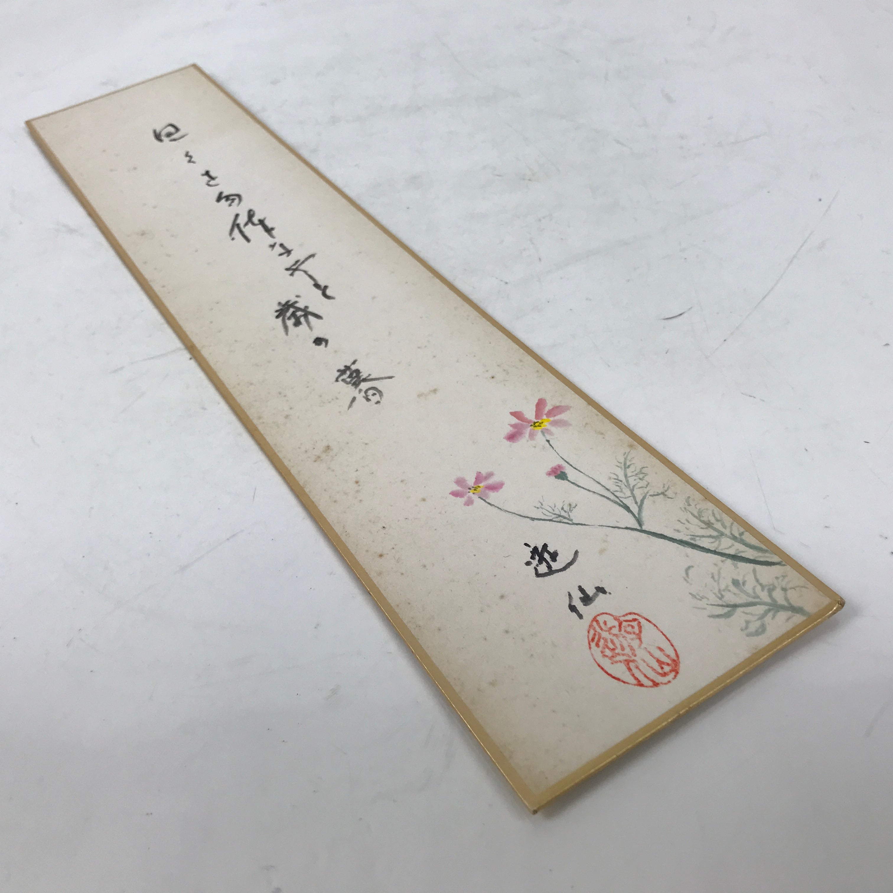 Japanese Tanzaku Shikishi Art Board Calligraphy Poem Autumn Cosmos Flower A754