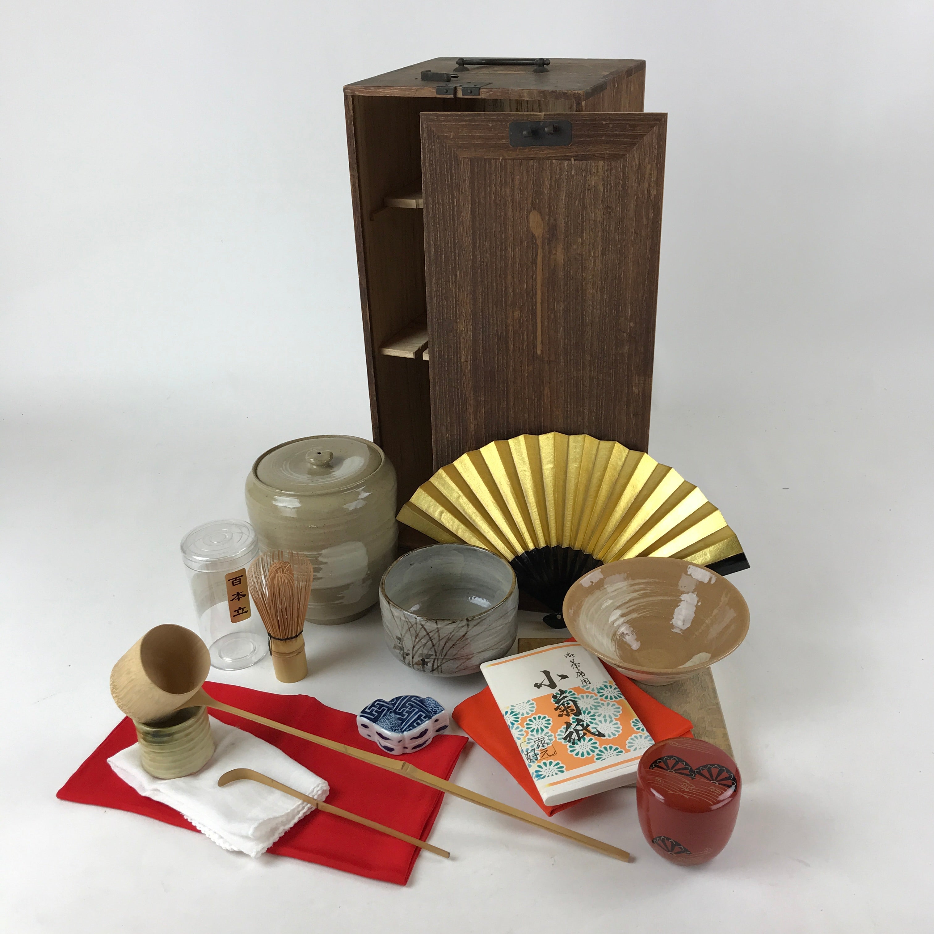 Japanese Tea Ceremony Set Chabako Wooden Box Vtg Pottery Chawan PX712