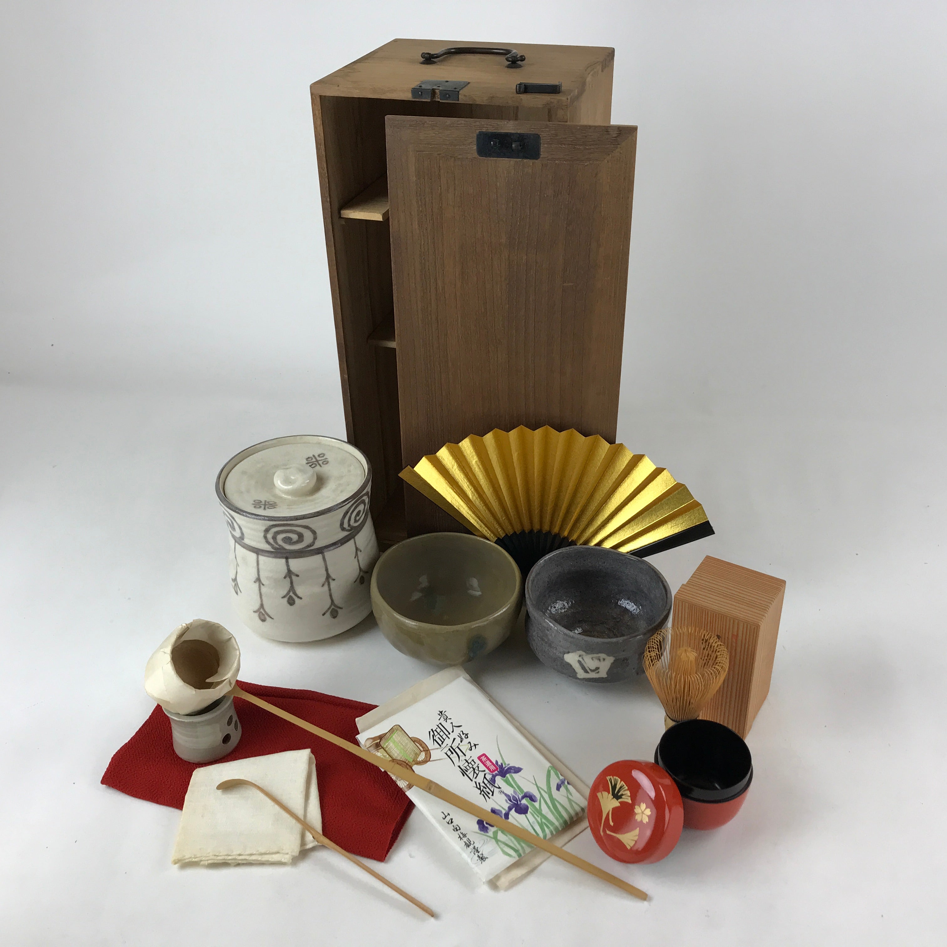 餅様 Japanese Tea Ceremony Set Chabako Wooden Box Vtg Pottery Chawan