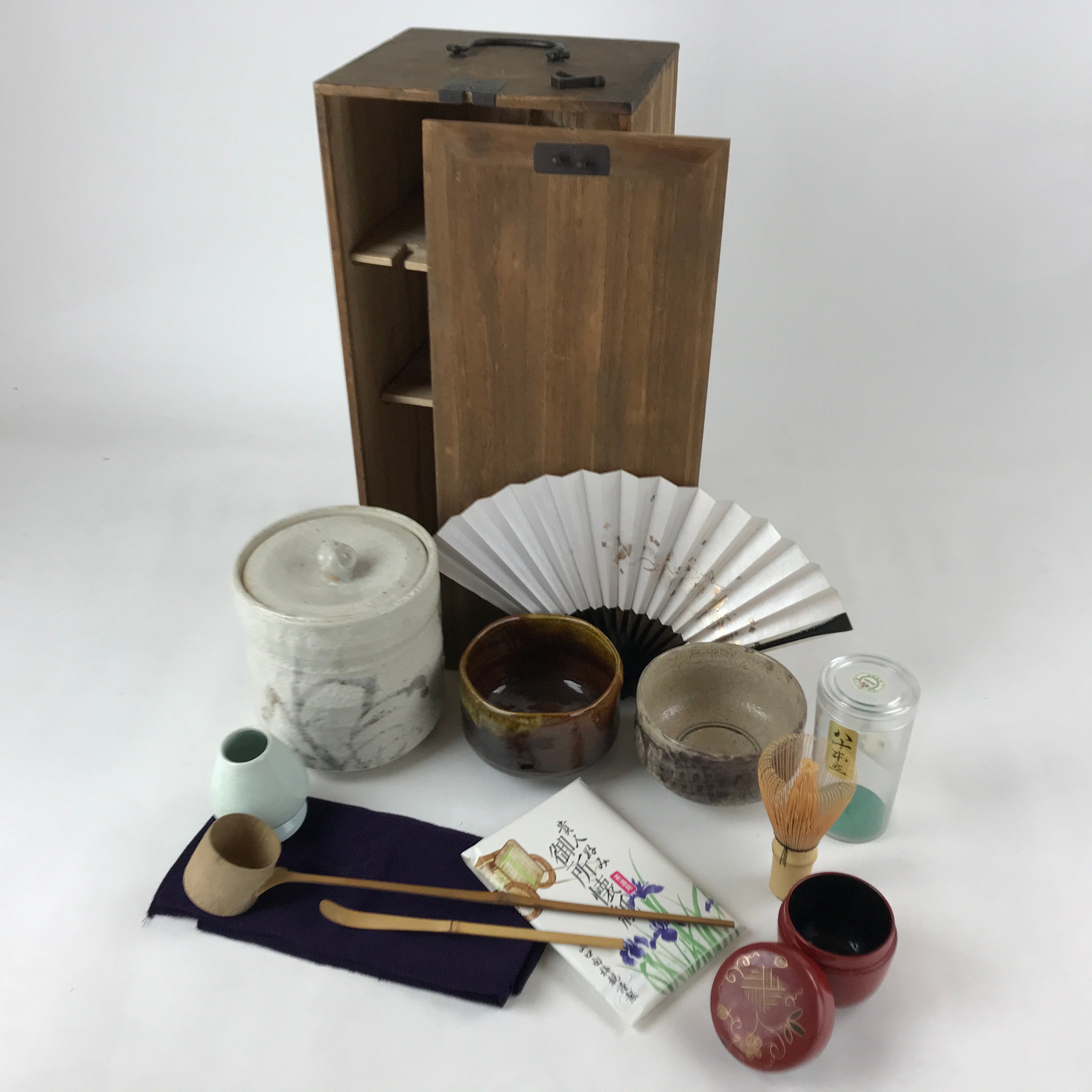 Japanese Tea Ceremony Set Chabako Wooden Box Vtg Pottery Chawan PX719