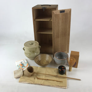 Japanese Tea Ceremony Set Chabako Wooden Box Vtg Pottery Chawan Sado PX685