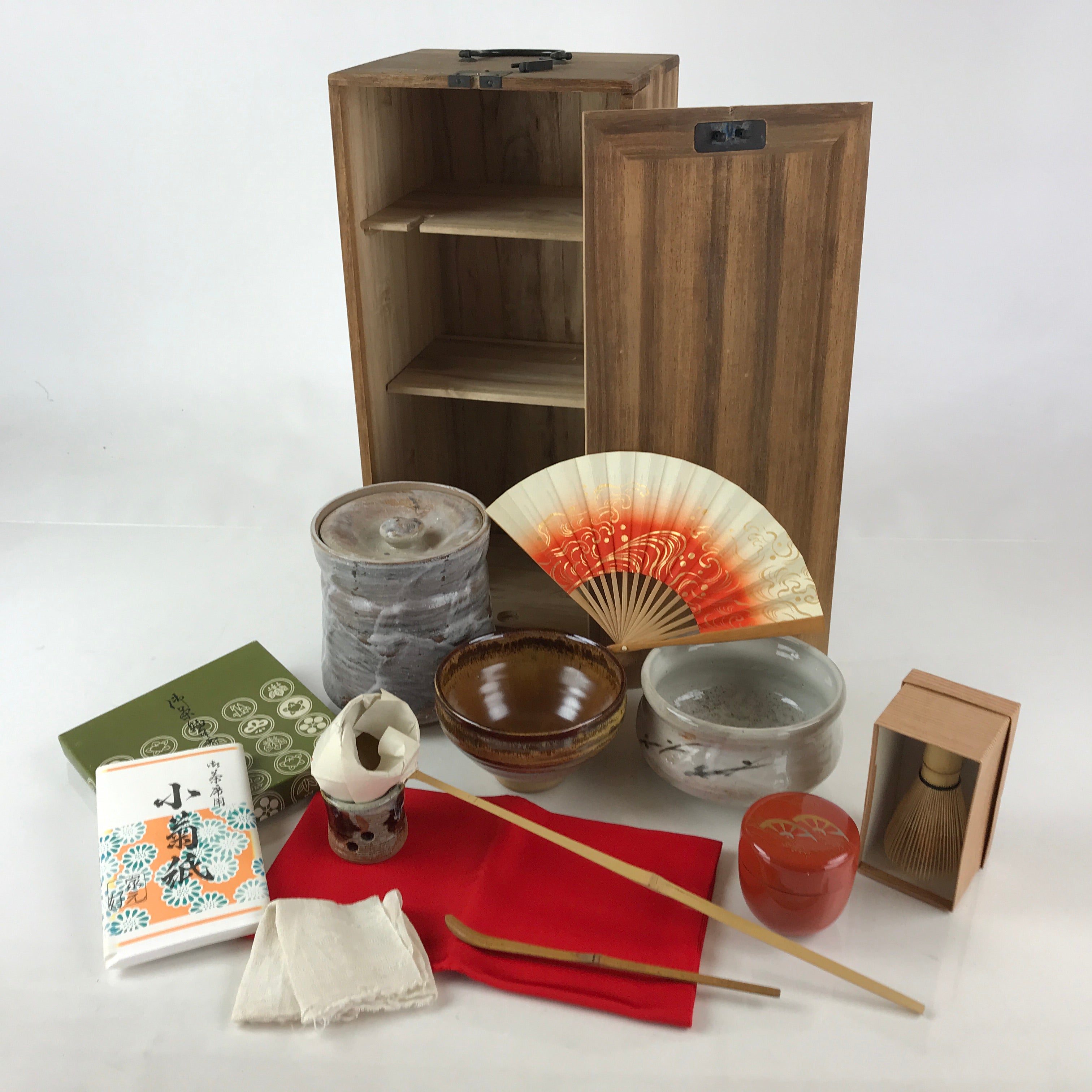 Japanese Tea Ceremony Set Chabako Wooden Box Vtg Pottery Chawan Sado PX686
