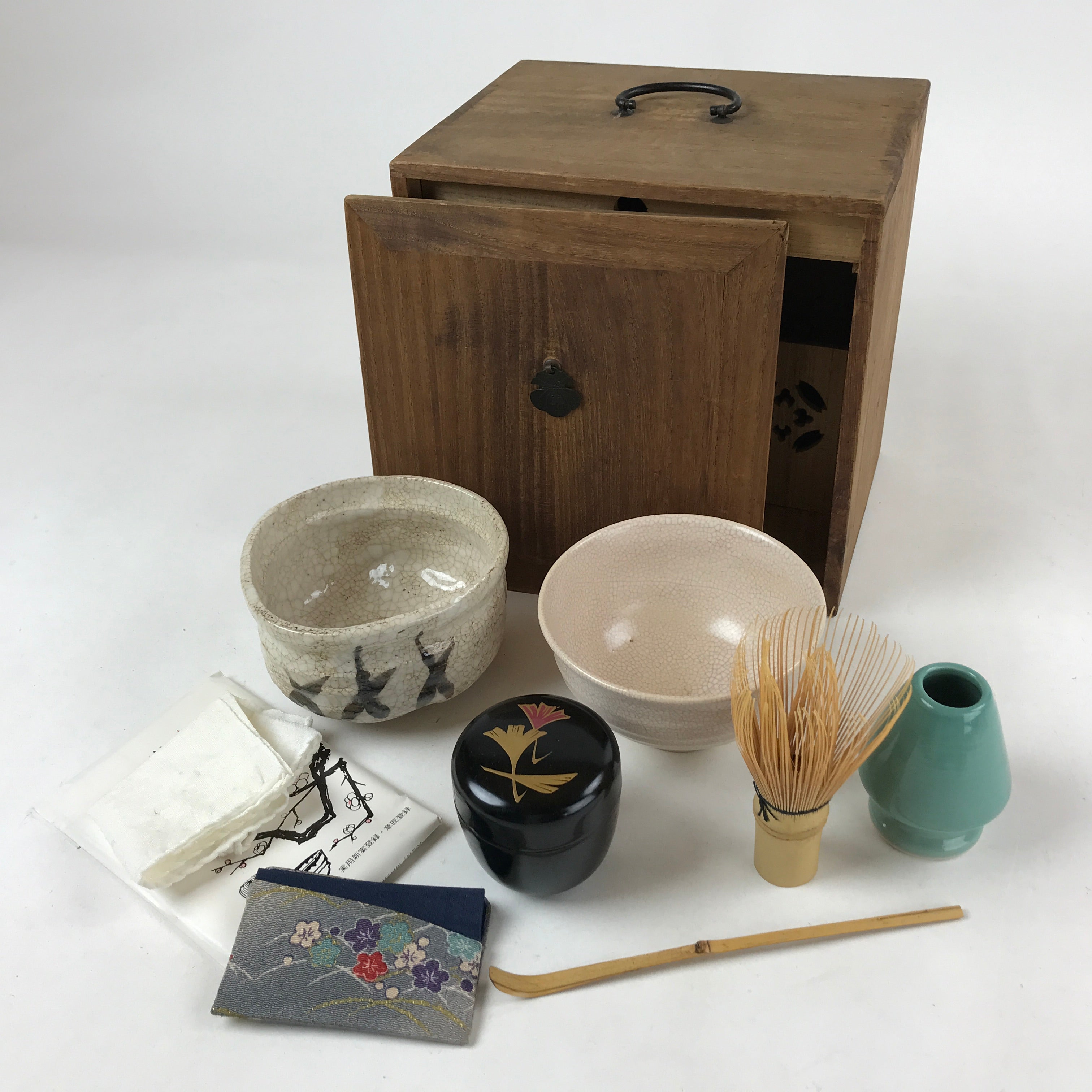 Japanese Tea Ceremony Set Chabako Wooden Box Vtg Pottery Chawan Sado PX720