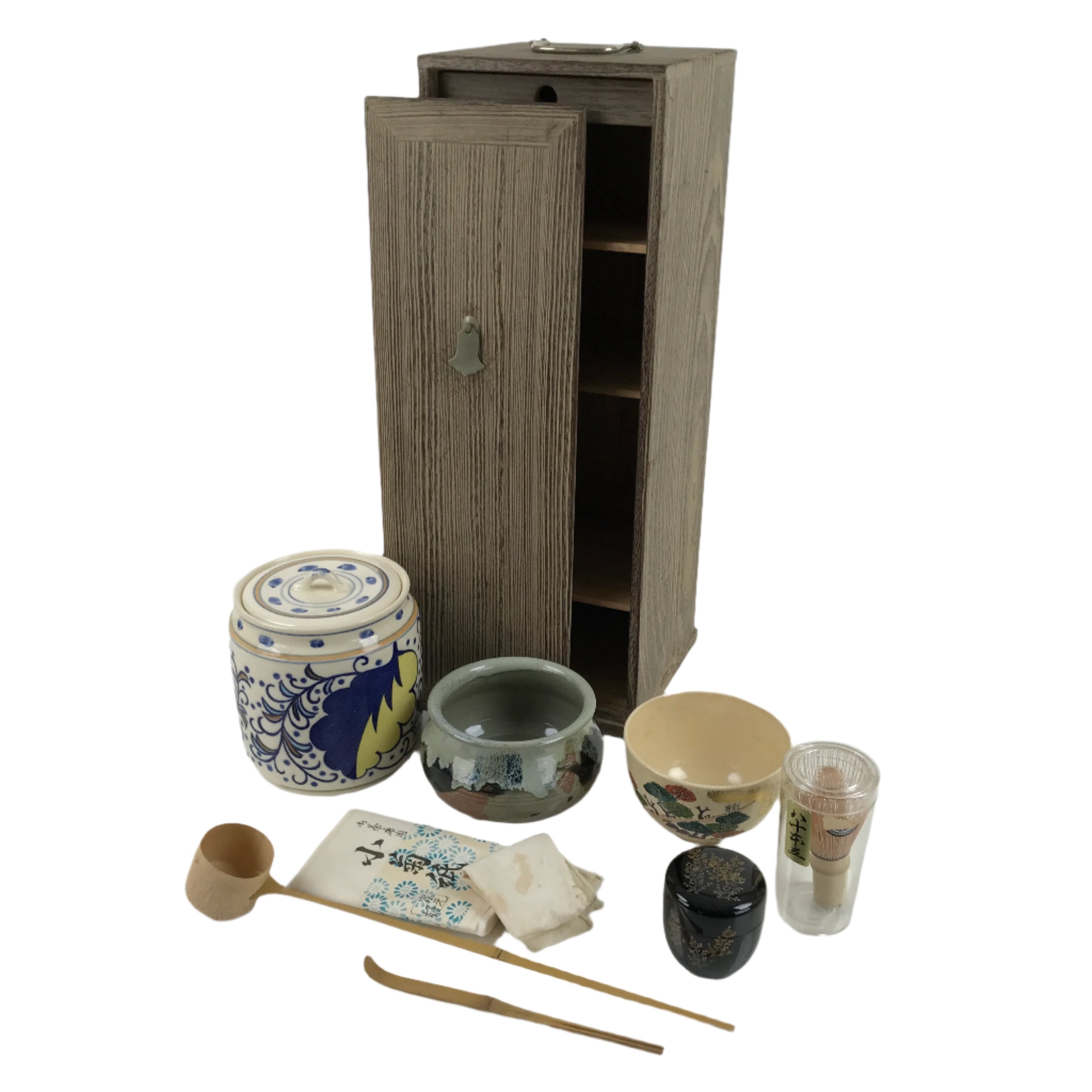 Japanese Tea Ceremony Set Chabako Wooden Box Vtg Pottery Chawan Sado PX747