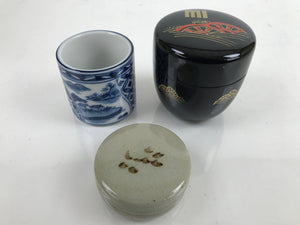 Japanese Tea Ceremony Set Chabako Wooden Box Vtg Pottery Chawan Sado PX750