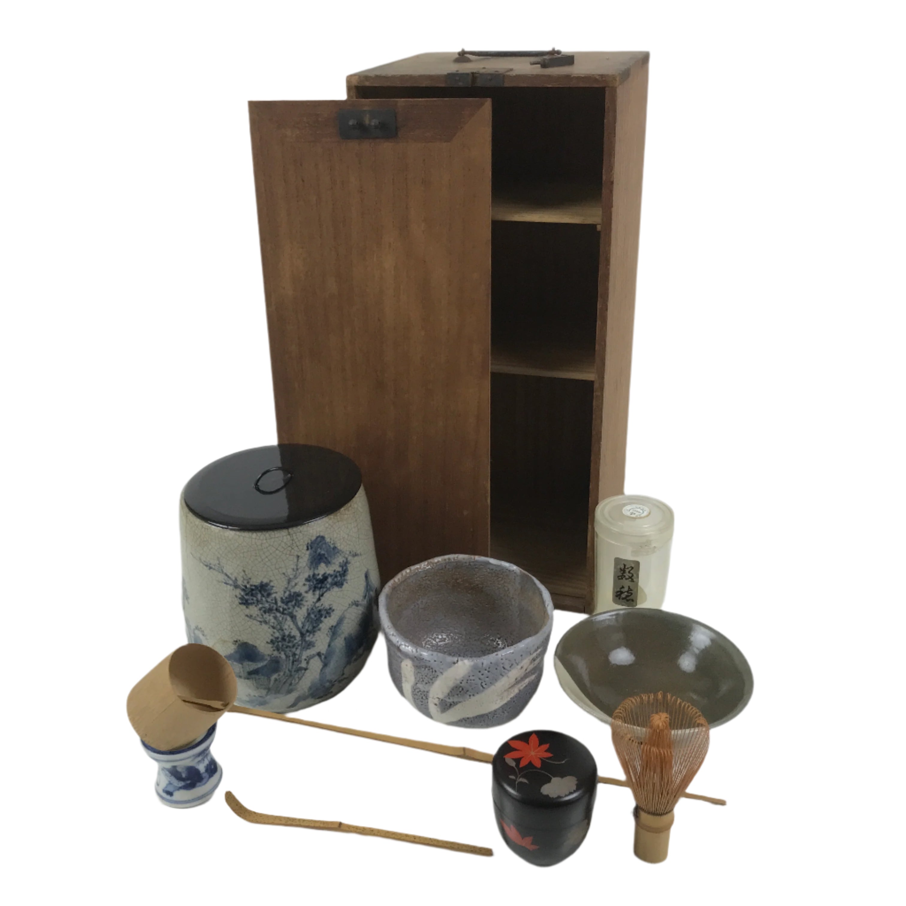 Japanese Tea Ceremony Set Chabako Wooden Box Vtg Pottery Chawan Sado PX780