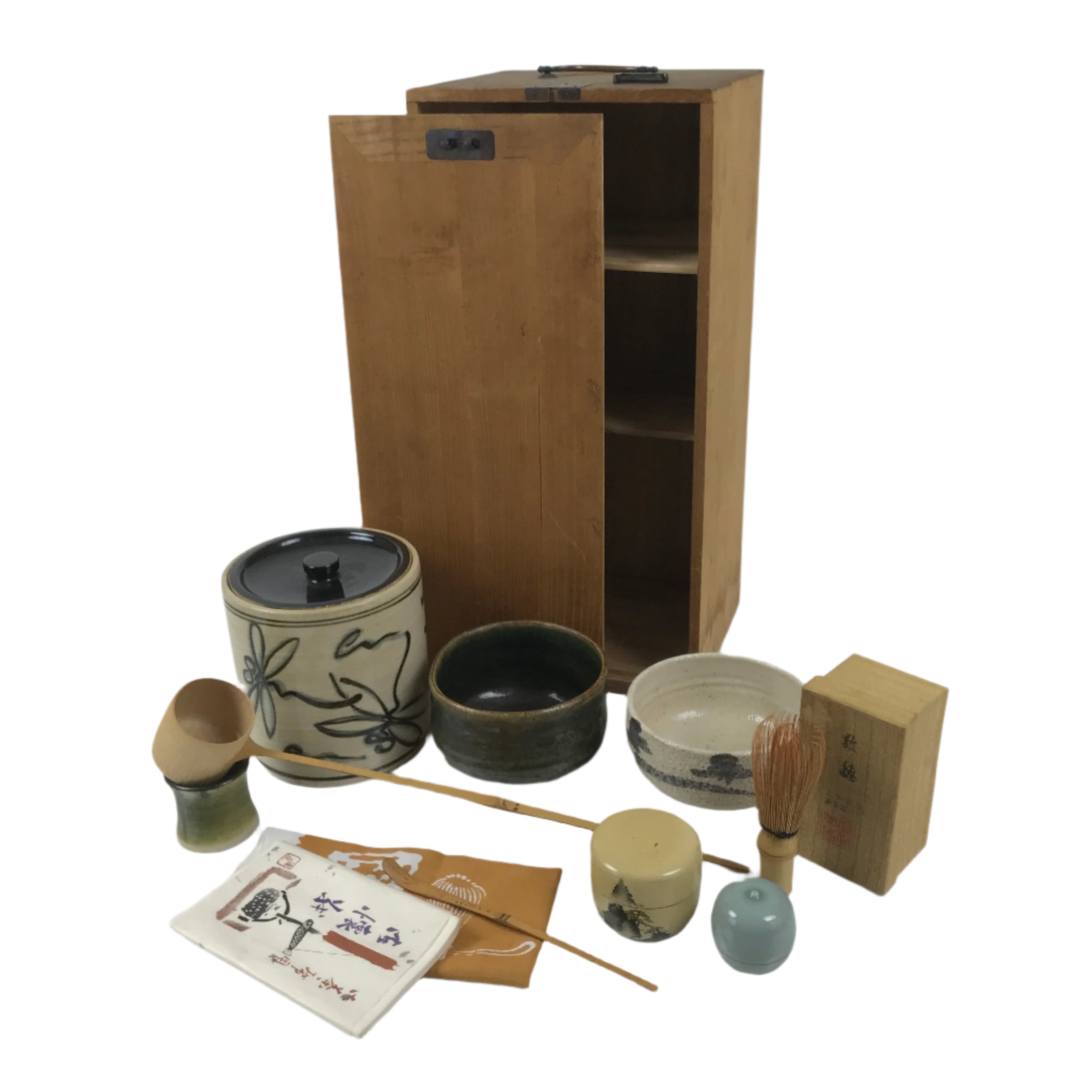 Japanese Tea Ceremony Set Chabako Wooden Box Vtg Pottery Chawan Sado PX781