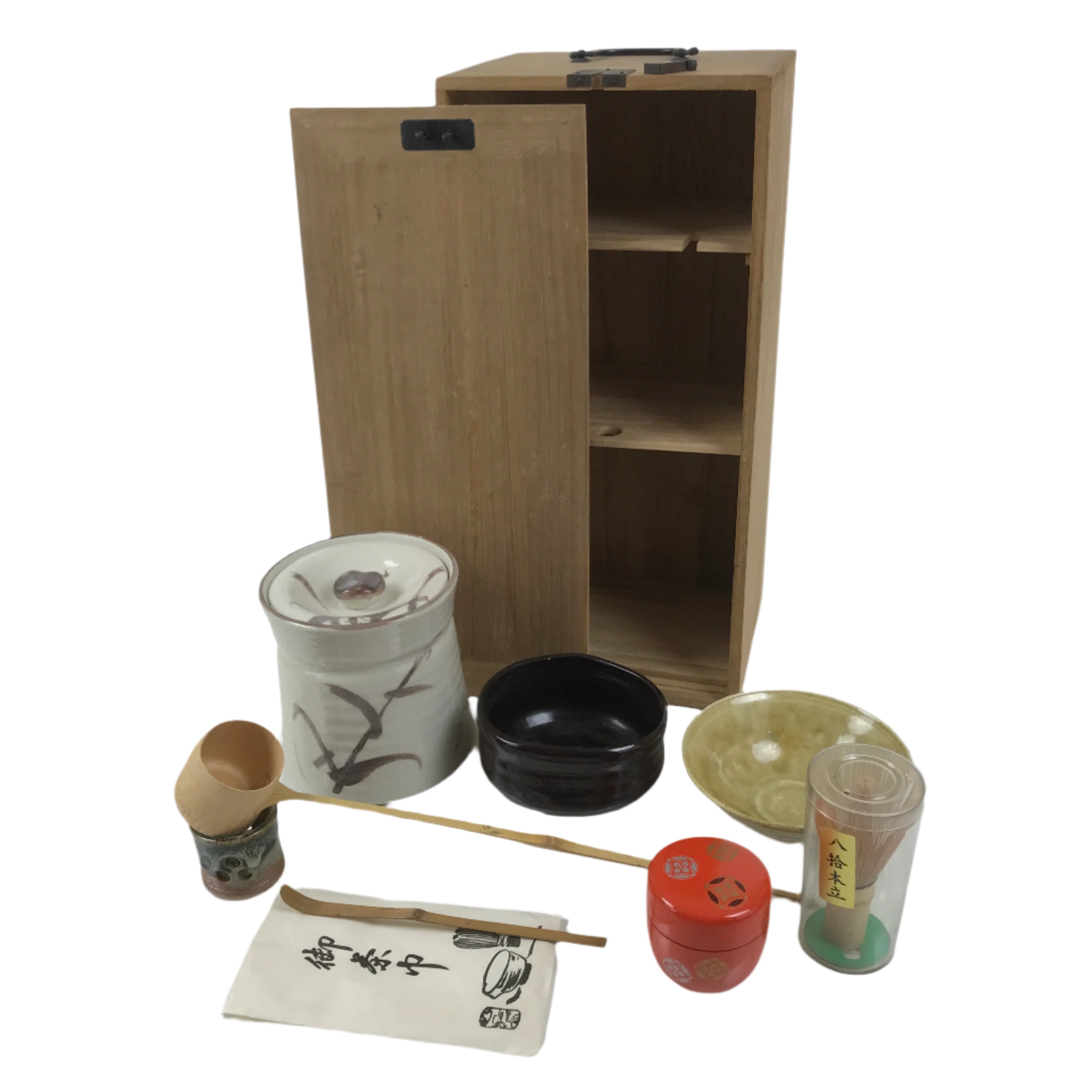 Japanese Tea Ceremony Set Chabako Wooden Box Vtg Pottery Chawan Sado PX782