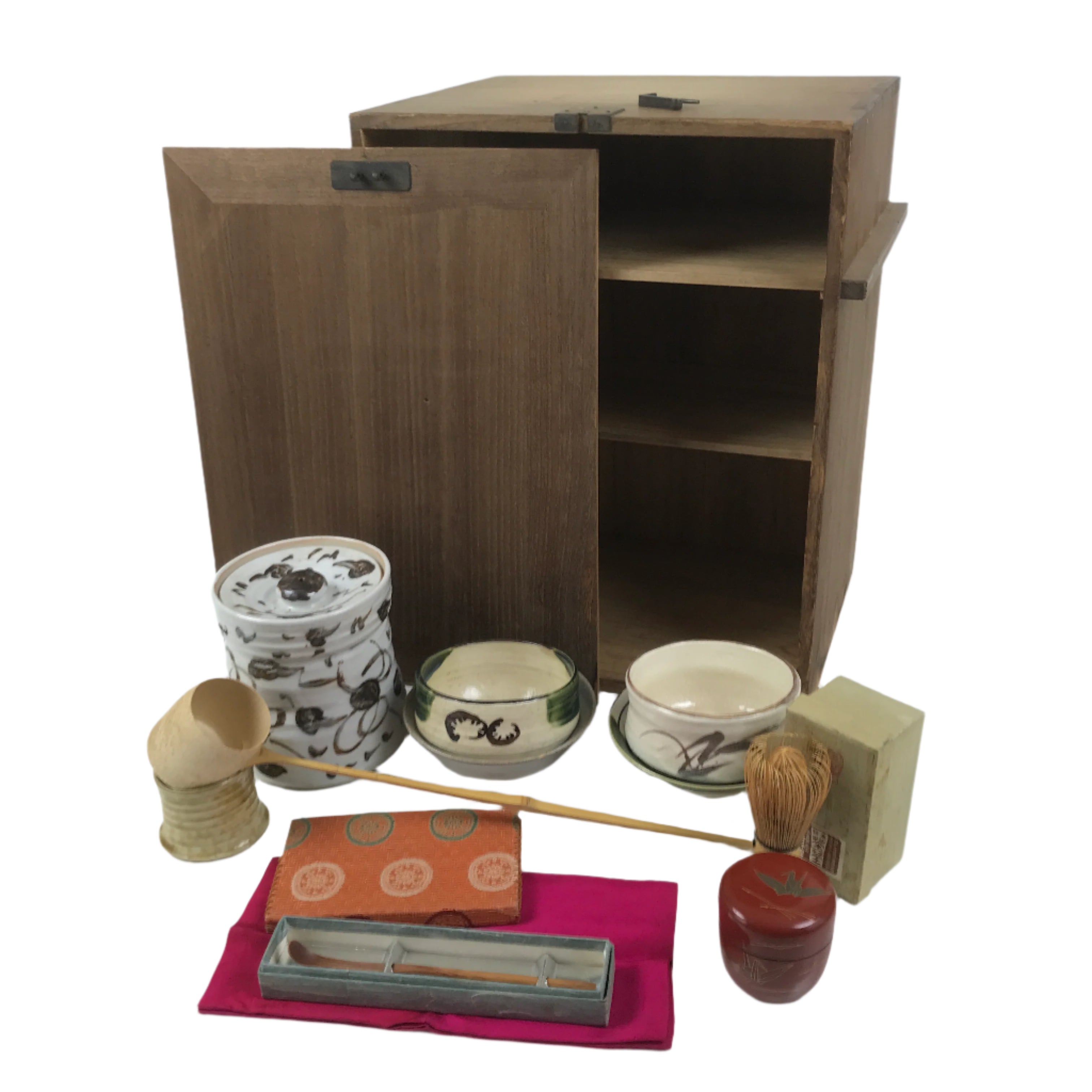 Japanese Tea Ceremony Set Chabako Wooden Box Vtg Pottery Chawan Sado PX785