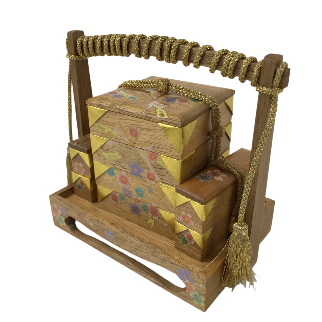 Japanese Tiered Box Jubako Toy Vtg Hina Doll Accessory Sakura Wood
