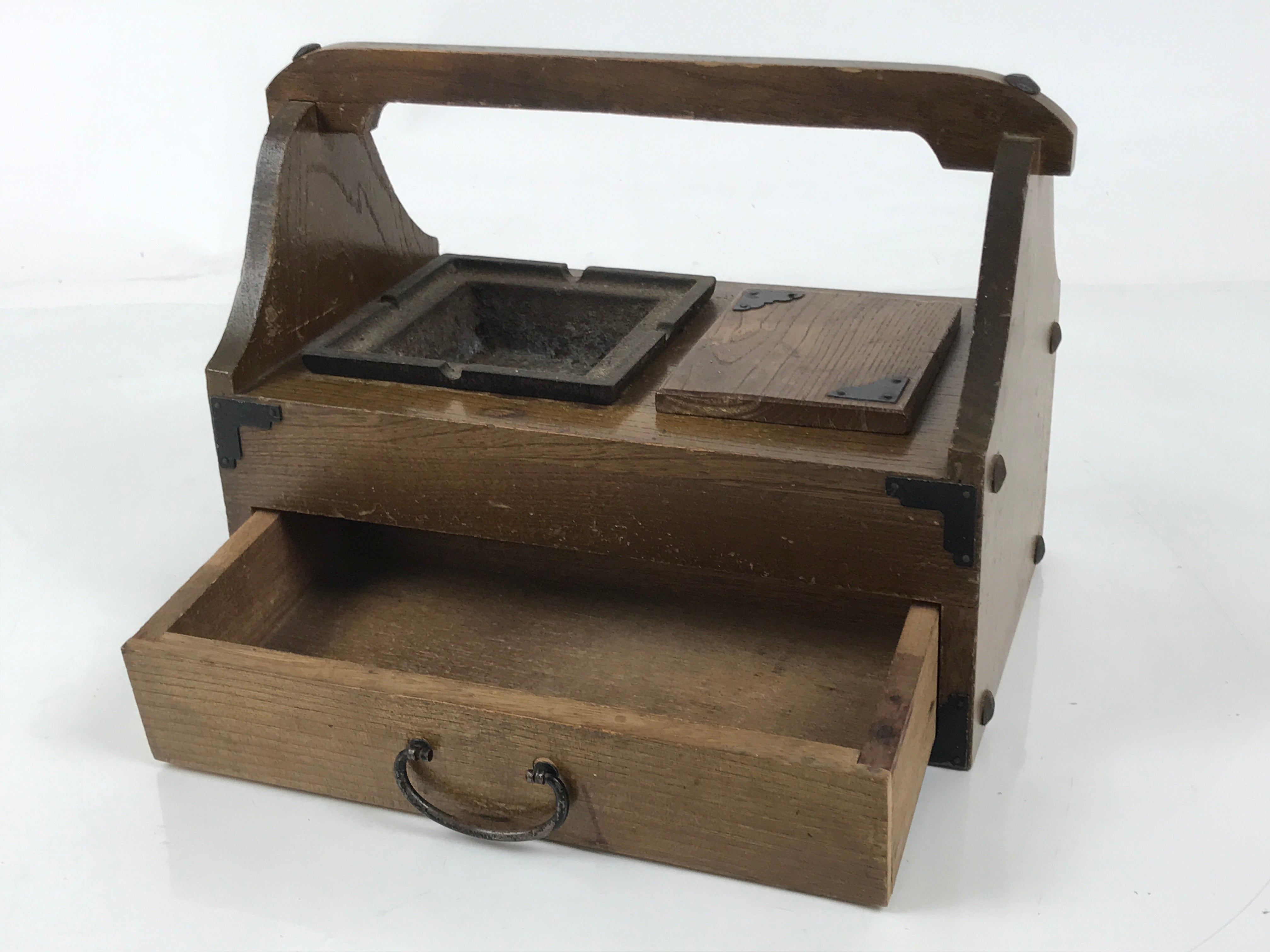Japanese Tobacco Bon Vtg Wood Smoking Tray Iron Ashtray Tea Ceremony Brown L483