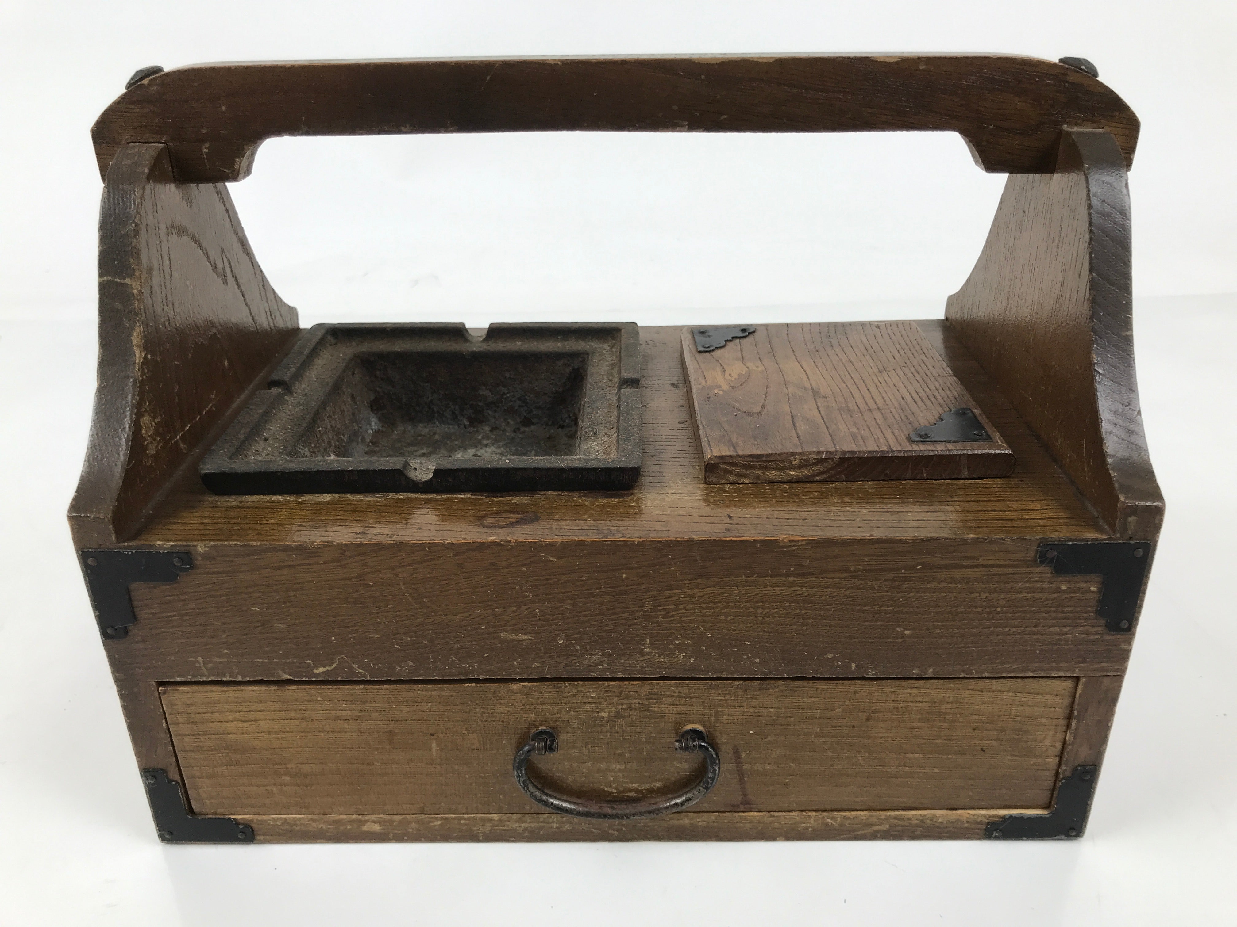 Japanese Tobacco Bon Vtg Wood Smoking Tray Iron Ashtray Tea Ceremony Brown L483