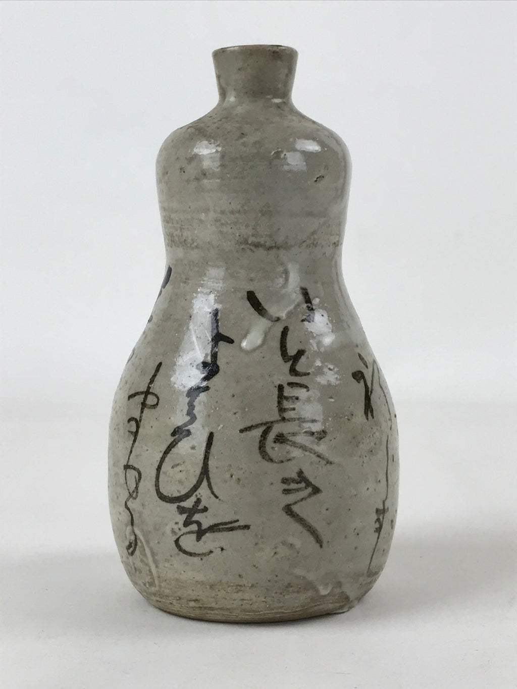 Japanese Tokkuri Sake Bottle Ceramic Vtg Gray Black Ideograms Poem TS589