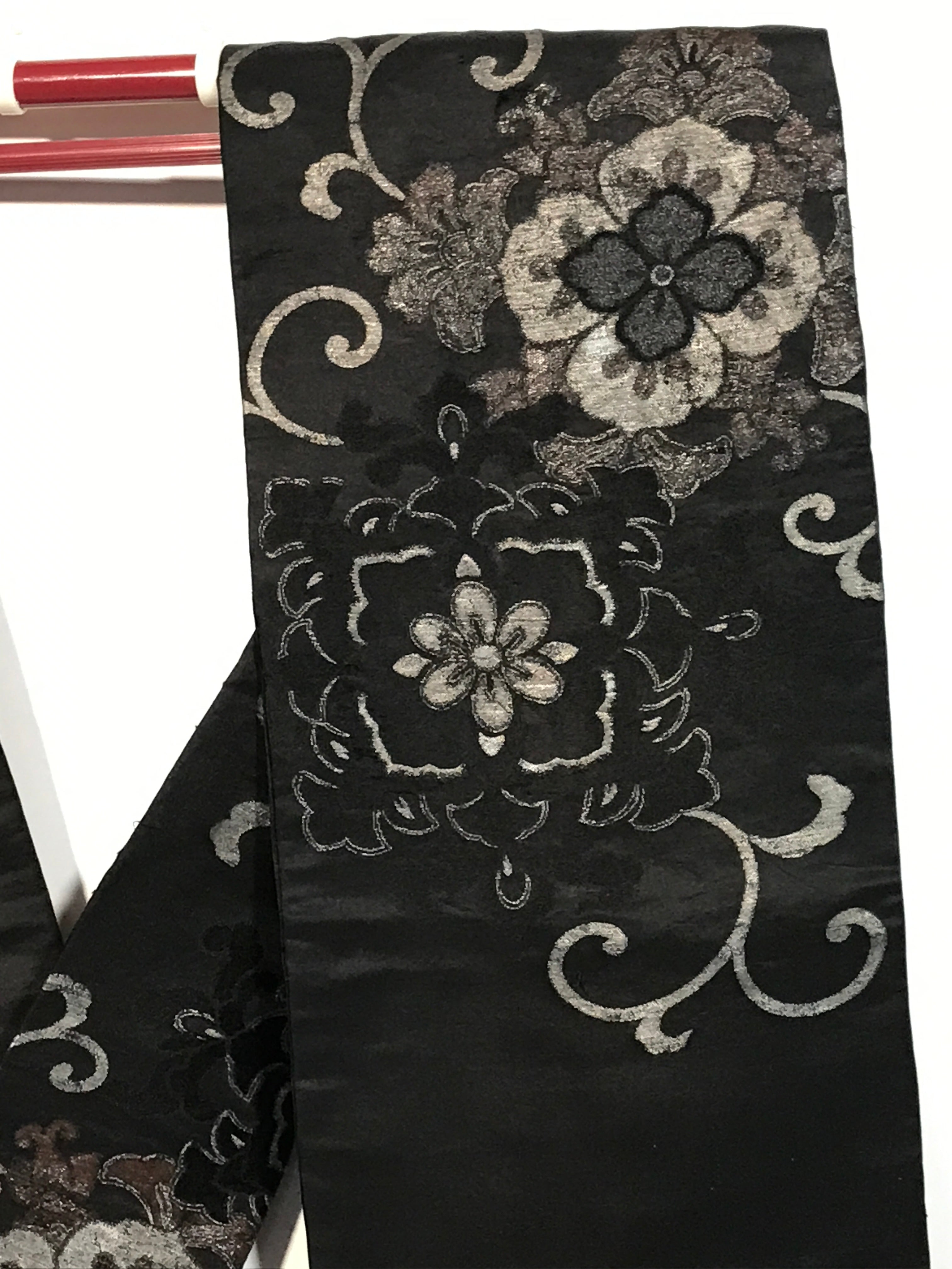 Japanese Traditional Clothes Kimono Obi Long Wide Waist Belt Black Flower KM223