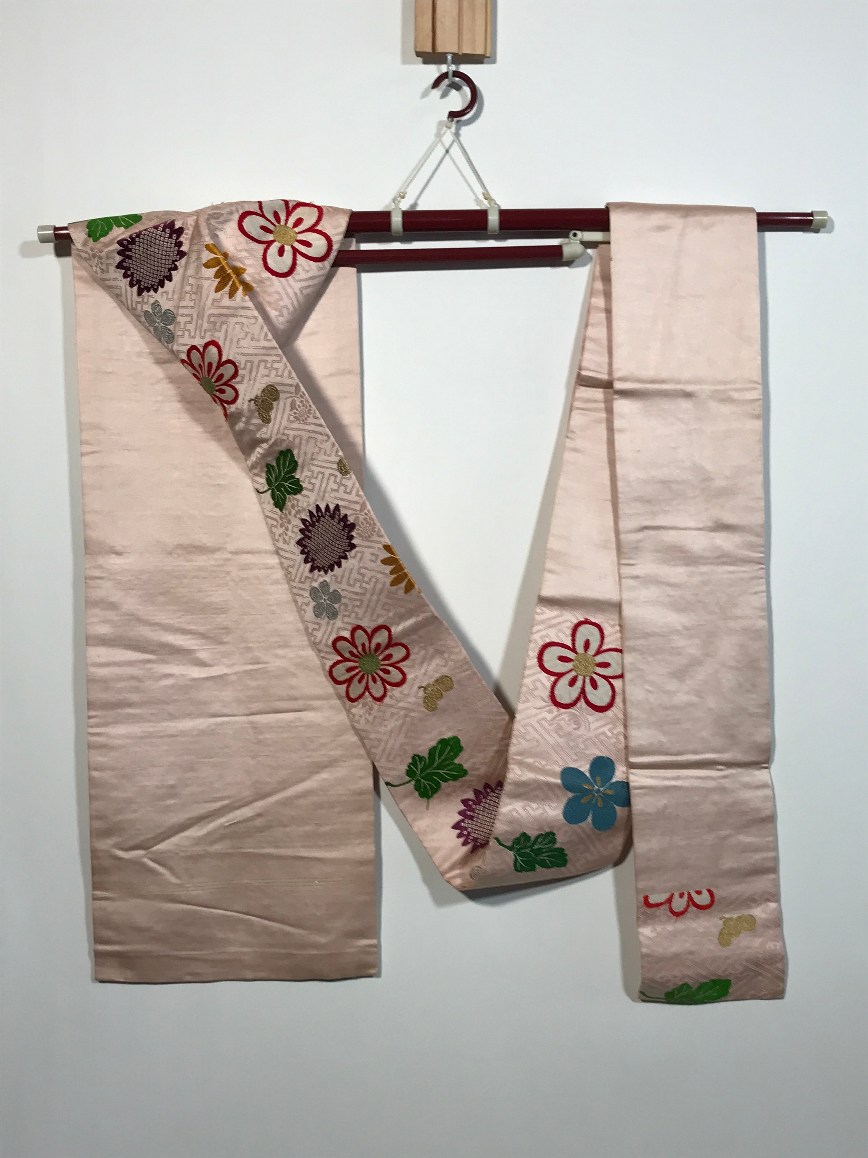 Japanese Traditional Clothes Kimono Obi Long Wide Waist Belt Pink Flower KM221