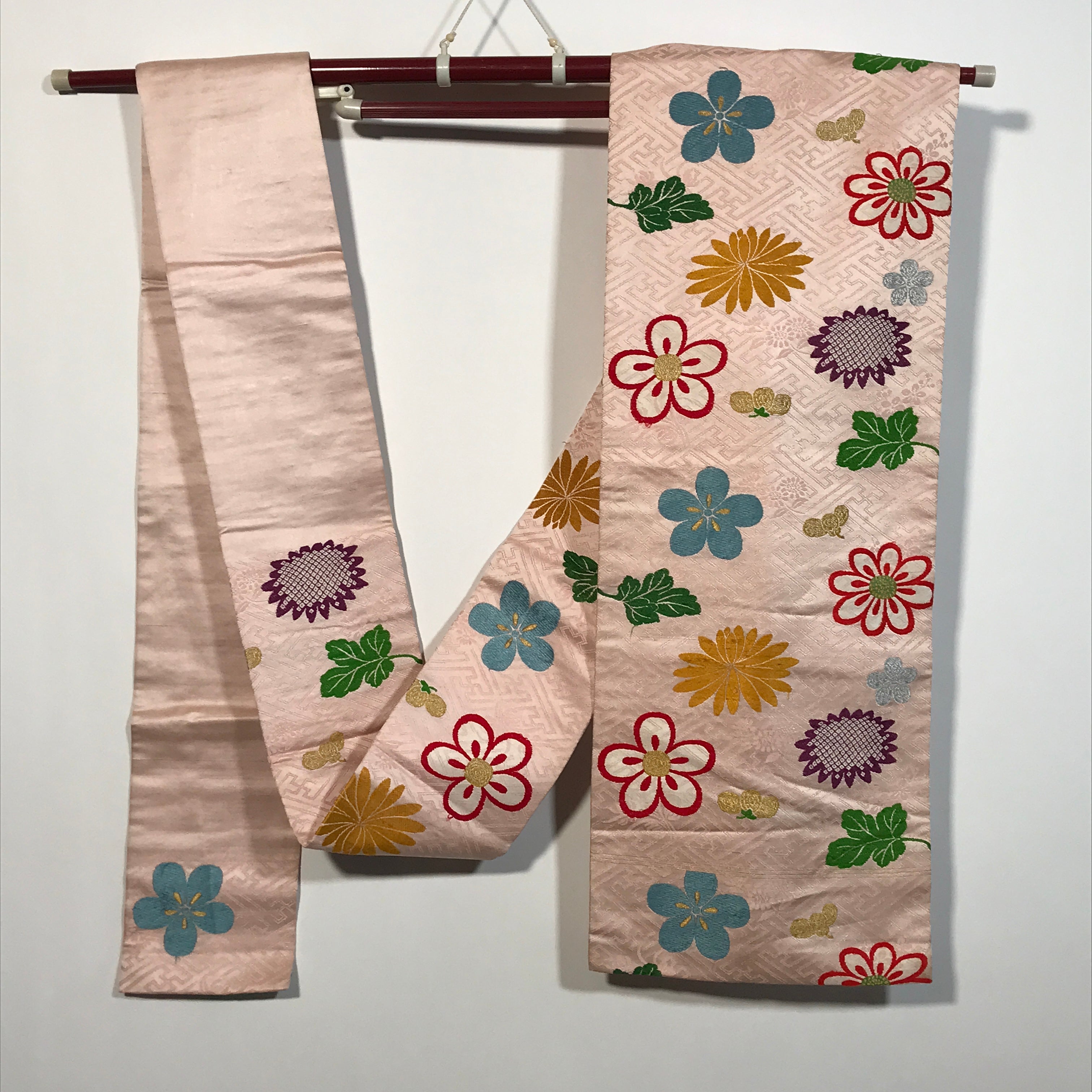Japanese Traditional Clothes Kimono Obi Long Wide Waist Belt Pink Flower KM221