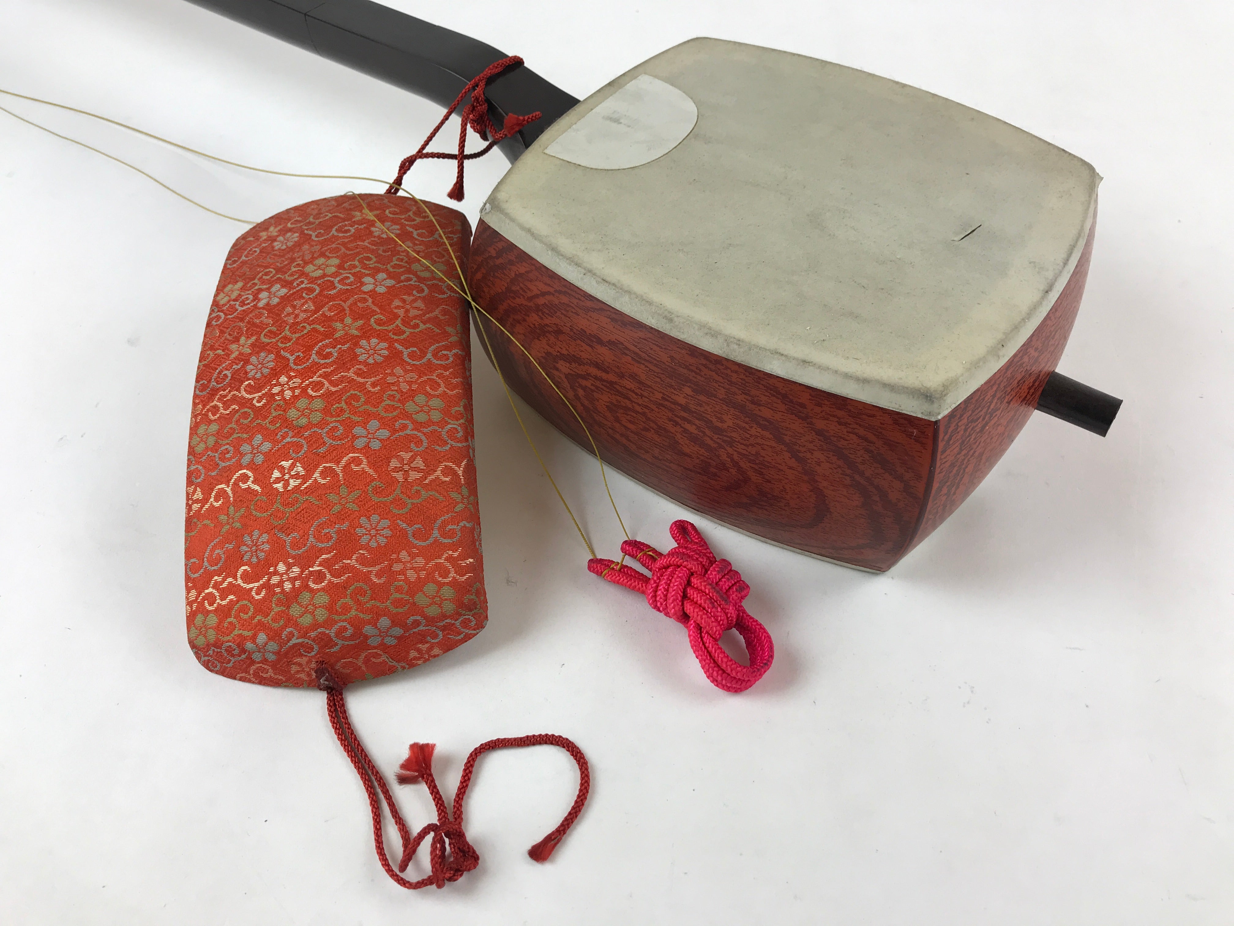 Japanese Traditional Instrument Shamisen Vtg Wood Fabric Orange Brown JK577