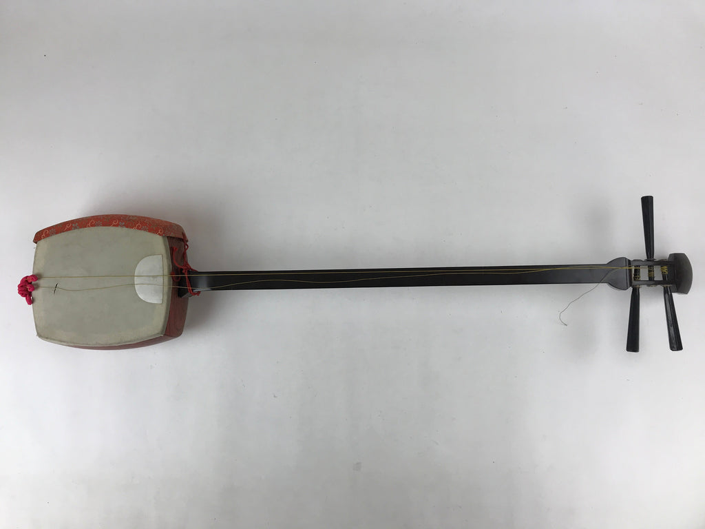 Japanese Traditional Instrument Shamisen Vtg Wood Fabric Orange Brown JK577