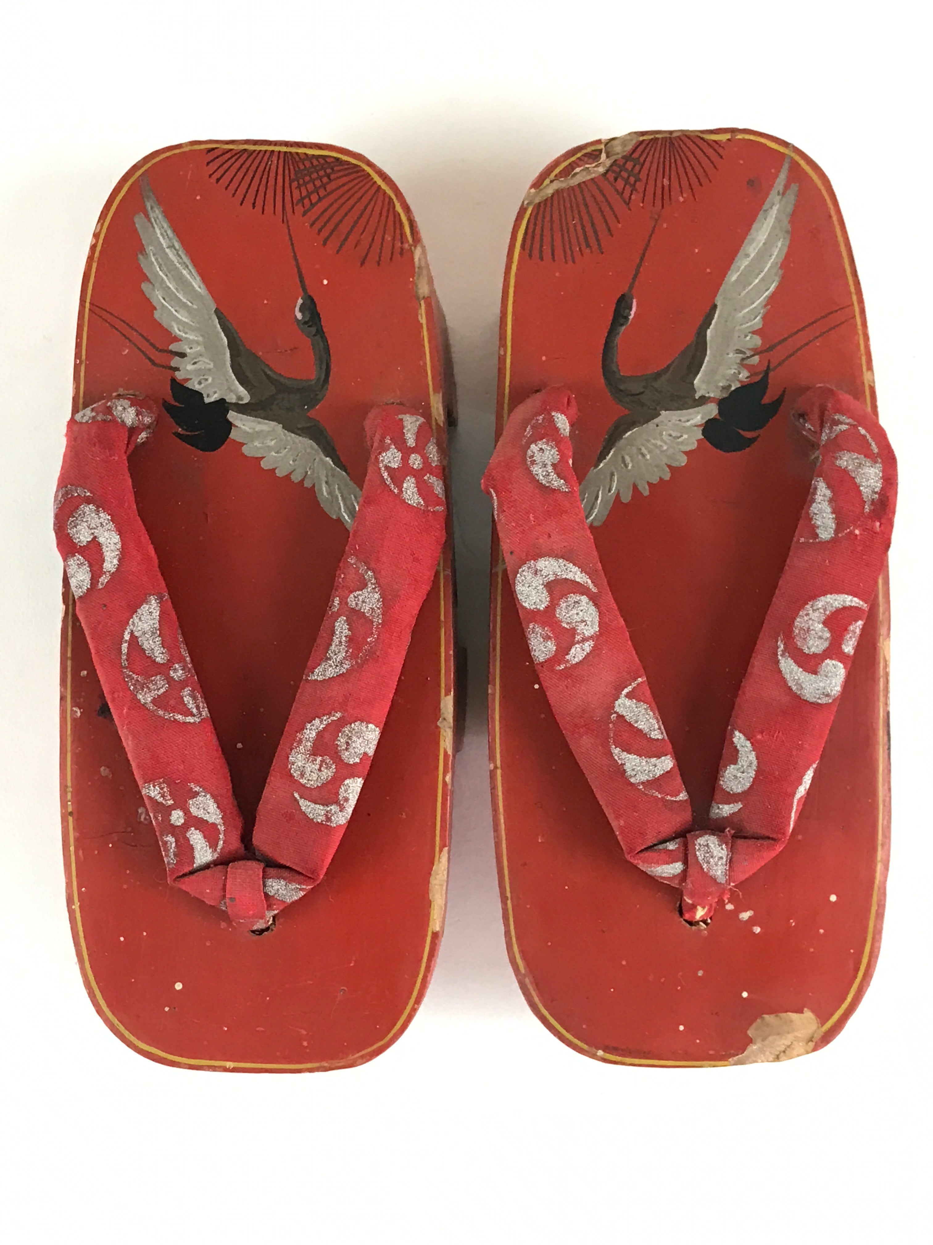 Japanese Traditonal Sandals Geta Wooden Lacquered Clogs Red Silver Crane JK503