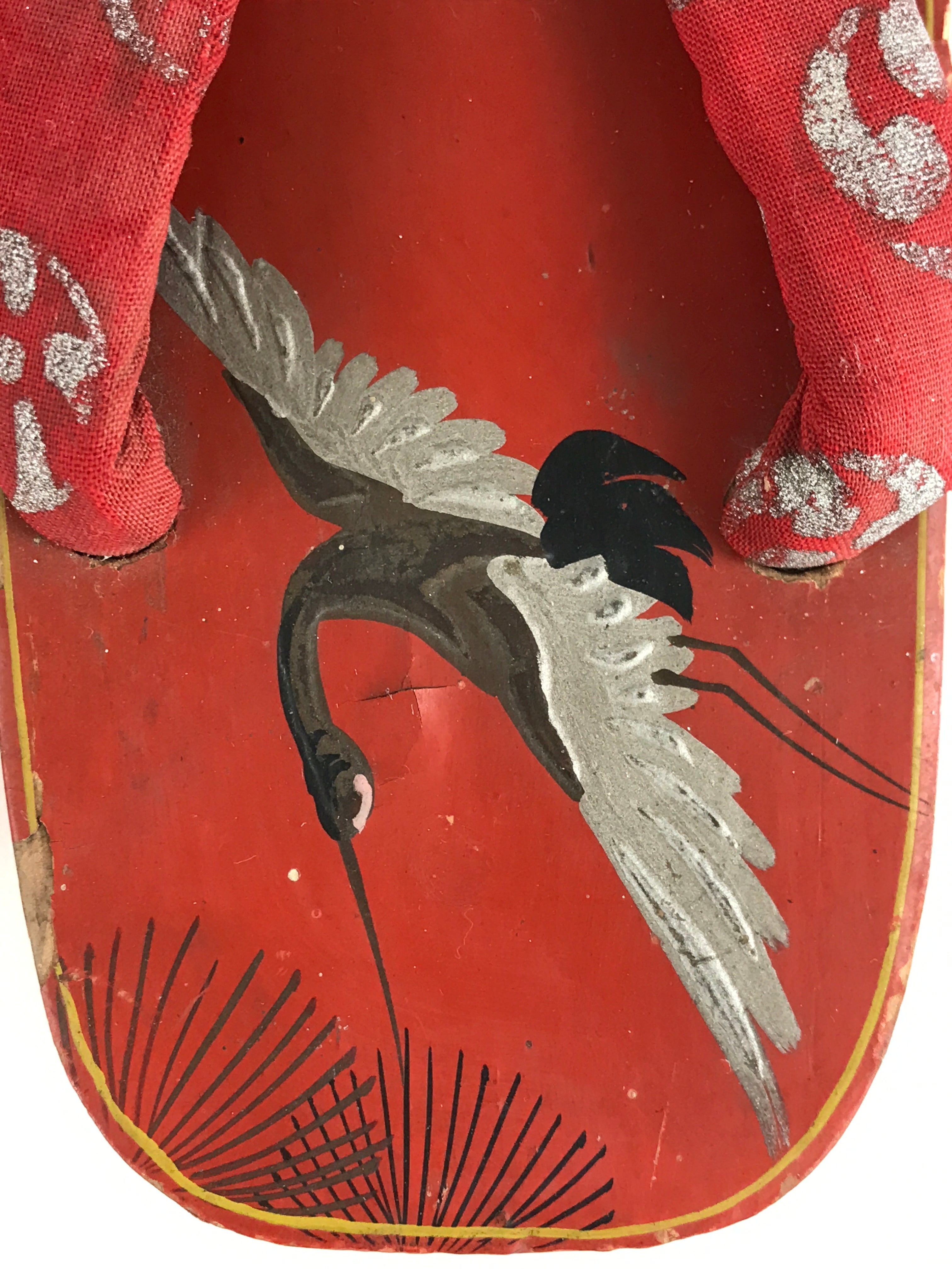 Japanese Traditonal Sandals Geta Wooden Lacquered Clogs Red Silver Crane JK503