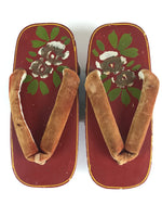 Japanese Traditonal Sandals Geta Wooden Lacquered Clogs Red Vtg Flower JK502