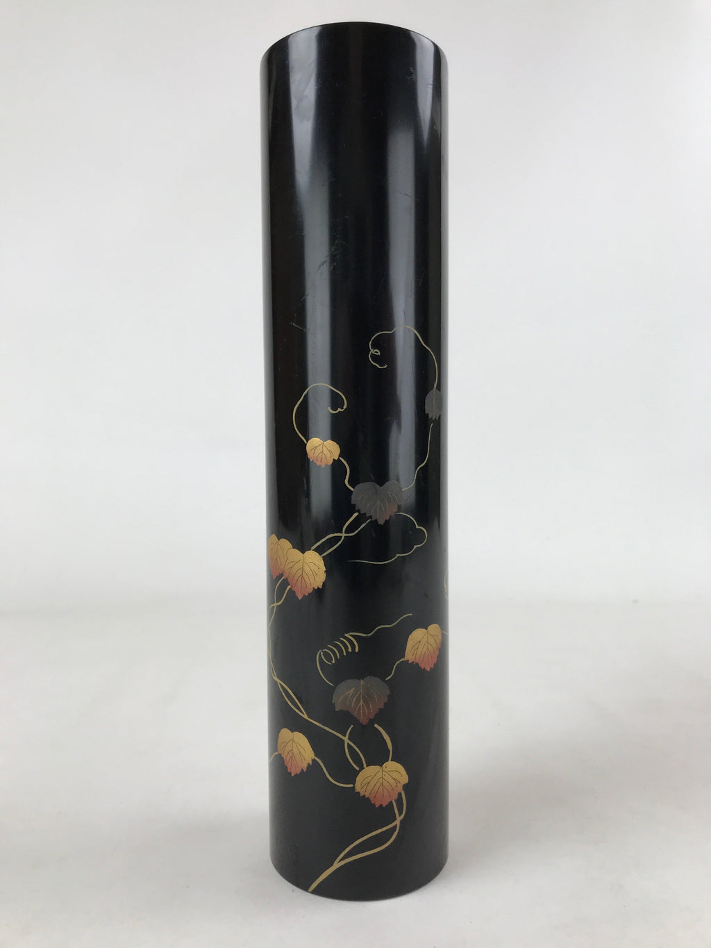 Japanese Tube Vase Kabin Vtg Glossy Black Vines Ikebana Flower Arrangement FK90